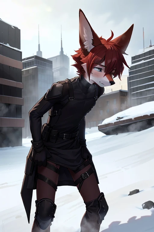 masterpiece quality, Boy, small, ((twink)), short, red fur, jackal, slender, ((androgynous)), (exhausted, visible breath, hunched over), anthro, swat gear, battle dress, day, snowy city,