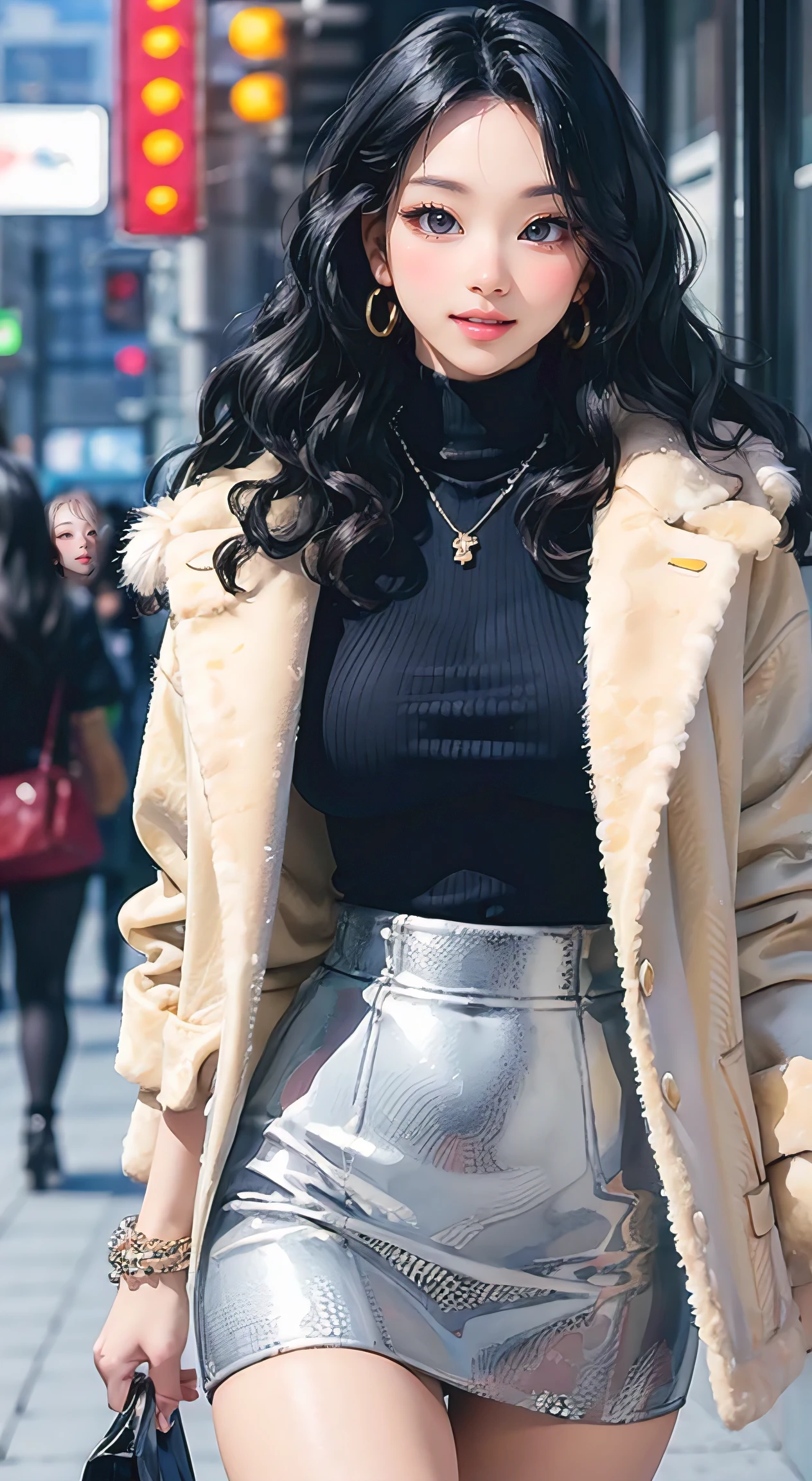 (masterpiece, best quality), pixel art, perfect slim fit body, thick thighs, nice breasts, wavy hair, bracelet, necklace, (designer turtleneck, miniskirt, fur jacket), stylish, walking pose, big gorgeous eyes, kind smile, parted lips, blush, city streets, elaborate details, natural lighting, top pixiv, top artstation
