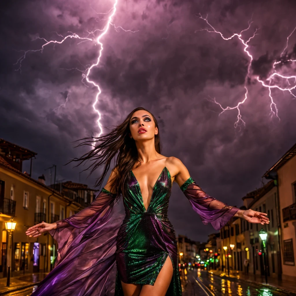 1 girl "Gal Gadot com vestido Verde longo", flutuando na cidade with lightning bolts, Mulher no vestido Verde longo com cabelo vermelho e preto, gothic maiden, Art not Guweiz style, No estilo de arte Bowater, 8k arte detalhada de alta qualidade, gothic art style, wearing a gothic dress, fechamento, Olhos vermelhos, olhando para baixo, cabelos brancos, vento, head tilt, cabelos brancos, Cabelos Longos, Tira vigorosa, cabelos lisos, cabelo grande, cabelos expressivos, (Olhos vermelhos que brilham intensamente:1.8), olhos para baixo, (Olhos vermelhos:1.5), Pessoas fugindo das ruas movimentadas da cidade repleta de lojas々, rua movimentada, A huge amount of purple lightning shot out from the girl&#39;the hand and hit the city, lightning clouds, Atmospheric lightning, Pink Lightning, with thunderstorms, Tempestade escura with lightning bolts, Dramatic purple lightning, Lightning in the sky, contrast lightning, thunderstorm in the sky, lightning in the background, with lightning bolts, clima tempestuoso with lightning bolts, Top volumetric lighting,Efeito de usar aura roxa,(Control a large number of beams with open arms:1.4), Lightning effect on both hands, Countless balls glowing purple around the girl,goddess of lightning, tempestade, storm outside, Ela atrai muitos raios roxos,