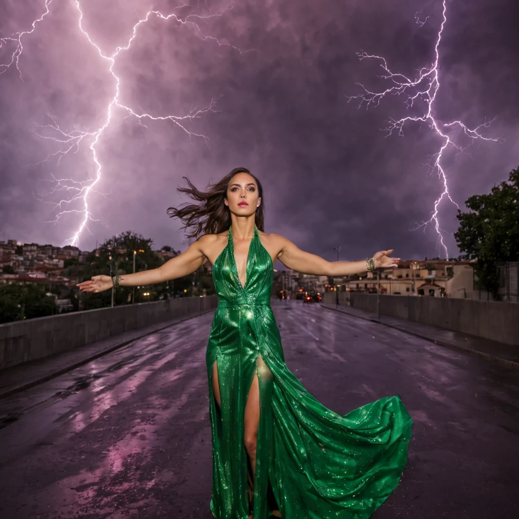 1 girl "Gal Gadot com vestido Verde longo", flutuando na cidade with lightning bolts, Mulher no vestido Verde longo com cabelo vermelho e preto, gothic maiden, Art not Guweiz style, No estilo de arte Bowater, 8k arte detalhada de alta qualidade, gothic art style, wearing a gothic dress, fechamento, Olhos vermelhos, olhando para baixo, cabelos brancos, vento, head tilt, cabelos brancos, Cabelos Longos, Tira vigorosa, cabelos lisos, cabelo grande, cabelos expressivos, (Olhos vermelhos que brilham intensamente:1.8), olhos para baixo, (Olhos vermelhos:1.5), Pessoas fugindo das ruas movimentadas da cidade repleta de lojas々, rua movimentada, A huge amount of purple lightning shot out from the girl&#39;the hand and hit the city, lightning clouds, Atmospheric lightning, Pink Lightning, with thunderstorms, Tempestade escura with lightning bolts, Dramatic purple lightning, Lightning in the sky, contrast lightning, thunderstorm in the sky, lightning in the background, with lightning bolts, clima tempestuoso with lightning bolts, Top volumetric lighting,Efeito de usar aura roxa,(Control a large number of beams with open arms:1.4), Lightning effect on both hands, Countless balls glowing purple around the girl,goddess of lightning, tempestade, storm outside, Ela atrai muitos raios roxos,