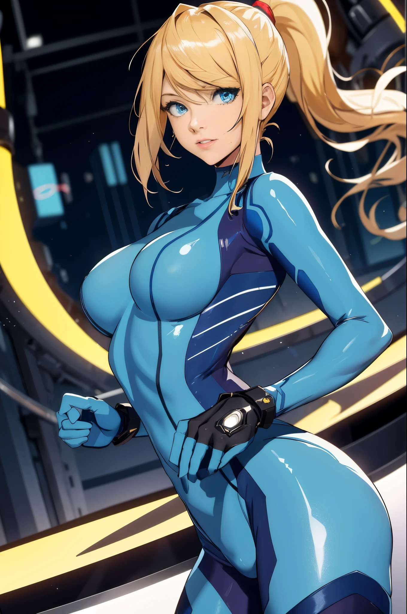 absurdres, best quality, 1girl, solo, eye focus, looking at viewer,   samus aran, ponytail, hair tie, blue gloves, blue bodysuit