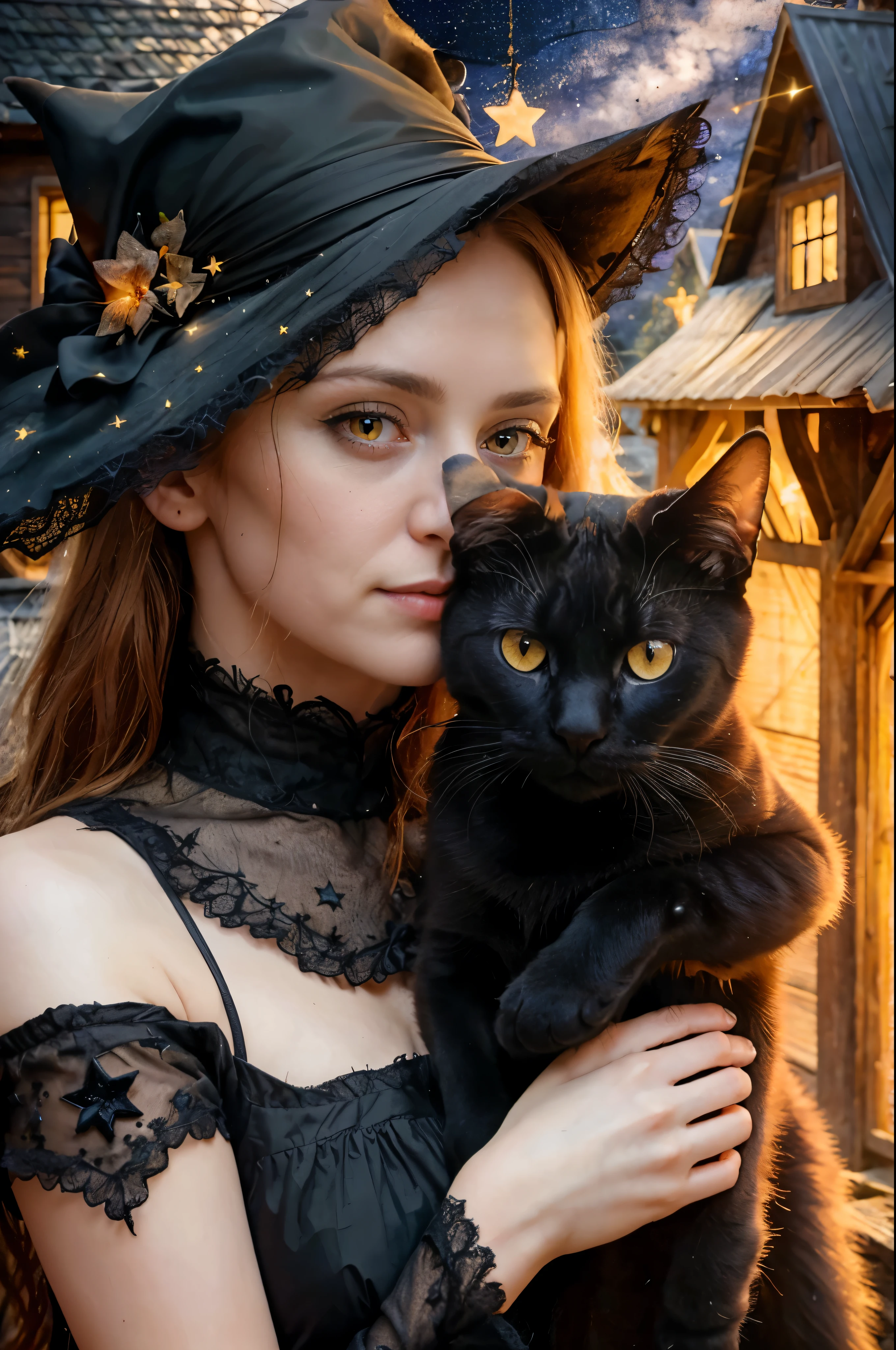 (Realistic:1.5), RAW photo, Masterpiece, witchy, cute and sexy woman with orange eyes, she has a black cat, (detailed mysterious background with stars over an old wooden house), soft natural lighting, Faded colors, Cinematic