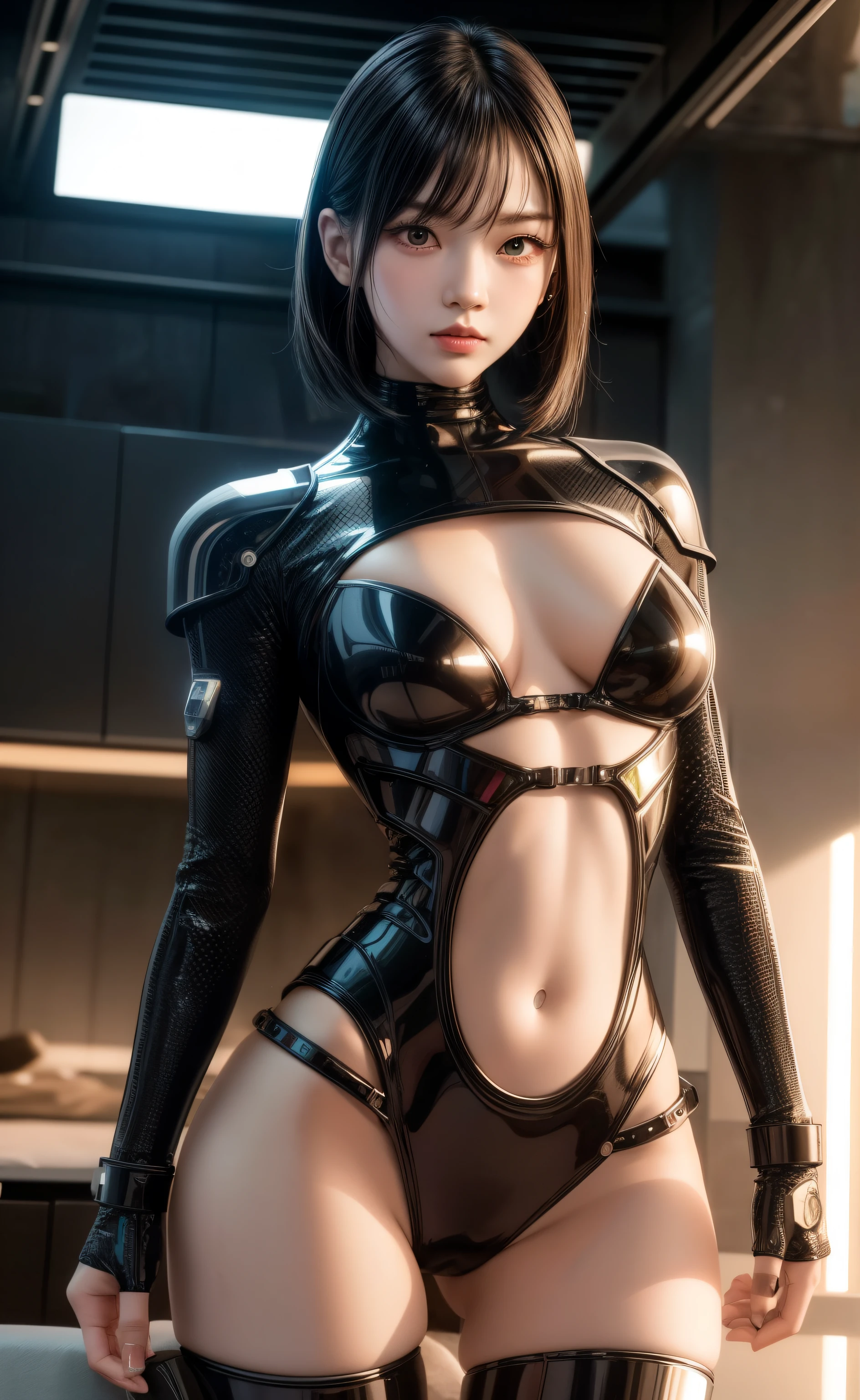 delicated face， 20-year-old kpop idol{Cyborg}girl， （碳纤维Cyborg身体）， carbon fiber body， {{bob and angle}}， （：1.15）， （Mechanical bangs， The charming curve of the middle pelvis， stand posture， sea beach， Glowing skin， （（fluffly））， （high legs， Camel toes， Carmelto， Vulvar shape：1.25）， （cyber punk personage， sci-fy：1.2）， [[luminous neon lights]]]， （Upper part of the body：1.15）， （8K， Original photo quality， tmasterpiece：1.45），（NSFW：1.15）