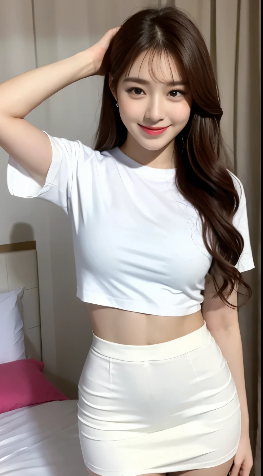 White tight shirt、White tight mini skirt、a bed、a smile、shortsleeves、high-level image quality、Hallyu Idol Face
