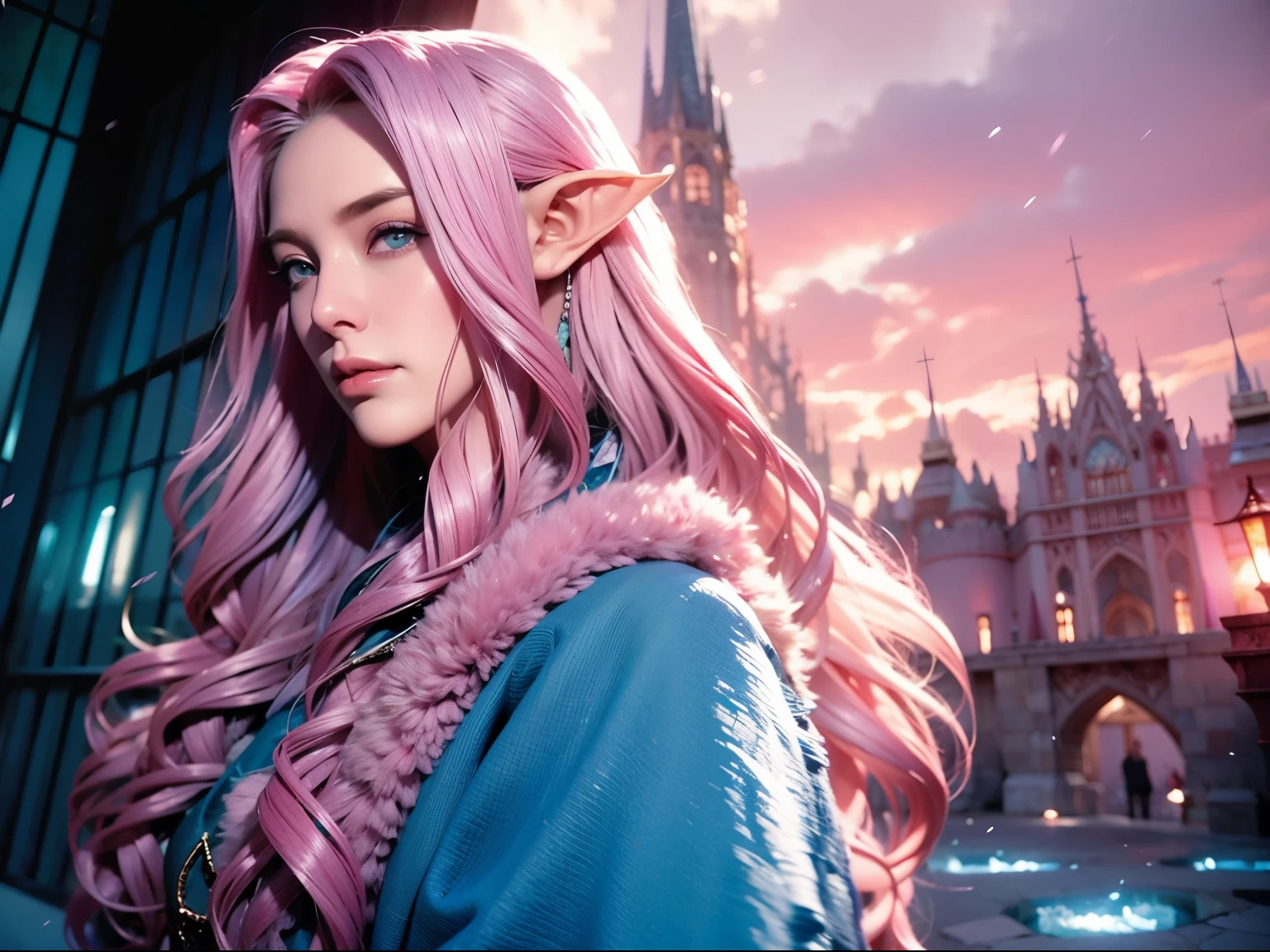a woman with pink hair and blue jacket in front of a castle, very beautiful elven top model, blue eyes, elf princess, alluring elf princess knight, elf girl, Maya Ali as a D&D wizard, long flowing pink hair, long white ears elf, elven princess, wispy pink hair, fantasy photoshoot, beautiful elven princess, glamorous