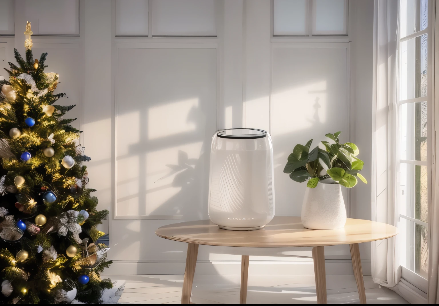There is a small table next to the Christmas tree,There is a plant on it, 8 k - Hours 7 0 4, Detailed picture, 8 K - High 7 6 8, vacation, product introduction photos, Hours 7 0 4, vividness, Wide-angle panorama, Ha 576, Wide and high viewing angles, advertisement picture, full - length view