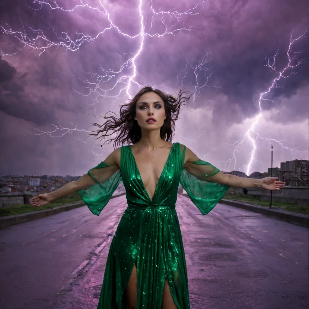 1 girl "Gal Gadot com vestido Verde longo", flutuando na cidade with lightning bolts, Mulher no vestido Verde longo com cabelo vermelho e preto, gothic maiden, Art not Guweiz style, No estilo de arte Bowater, 8k arte detalhada de alta qualidade, gothic art style, wearing a gothic dress, fechamento, Olhos vermelhos, olhando para baixo, cabelos brancos, vento, head tilt, cabelos brancos, Cabelos Longos, Tira vigorosa, cabelos lisos, cabelo grande, cabelos expressivos, (Olhos vermelhos que brilham intensamente:1.8), olhos para baixo, (Olhos vermelhos:1.5), Pessoas fugindo das ruas movimentadas da cidade repleta de lojas々, rua movimentada, A huge amount of purple lightning shot out from the girl&#39;the hand and hit the city, lightning clouds, Atmospheric lightning, Pink Lightning, with thunderstorms, Tempestade escura with lightning bolts, Dramatic purple lightning, Lightning in the sky, contrast lightning, thunderstorm in the sky, lightning in the background, with lightning bolts, clima tempestuoso with lightning bolts, Top volumetric lighting,Efeito de usar aura roxa,(Control a large number of beams with open arms:1.4), Lightning effect on both hands, Countless balls glowing purple around the girl,goddess of lightning, tempestade, storm outside, Ela atrai muitos raios roxos,