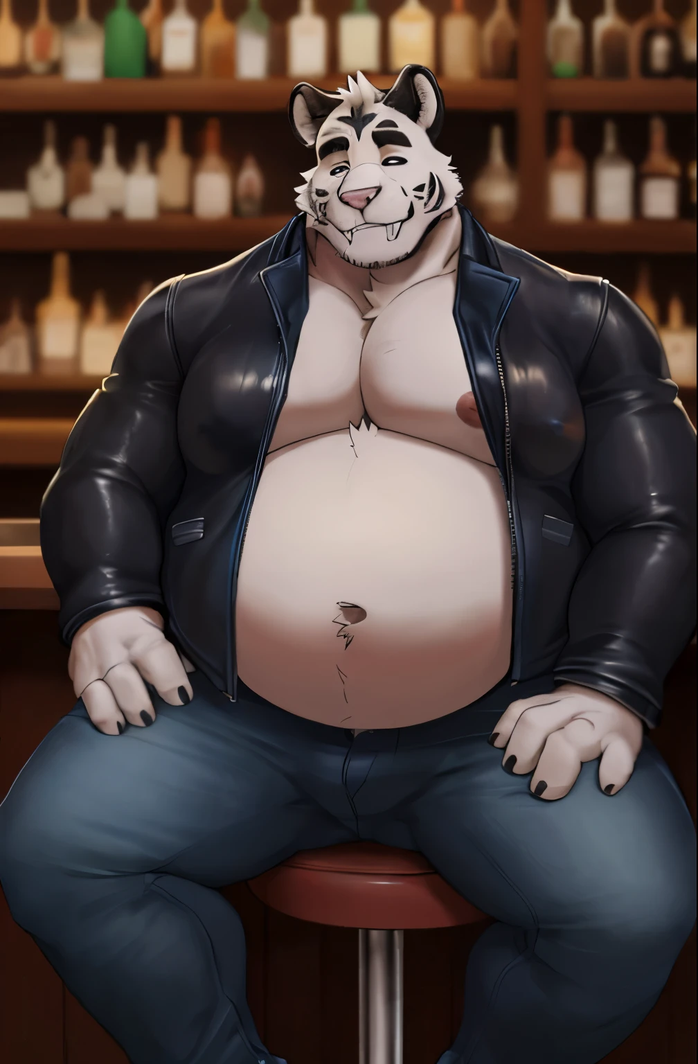 axel cosmas , solo, leather jacket, blue jeans, plump, huge, bar background, nipples, big belly, holding belly, big ass, eyes shut, sitting on a seat, 5 fingers,