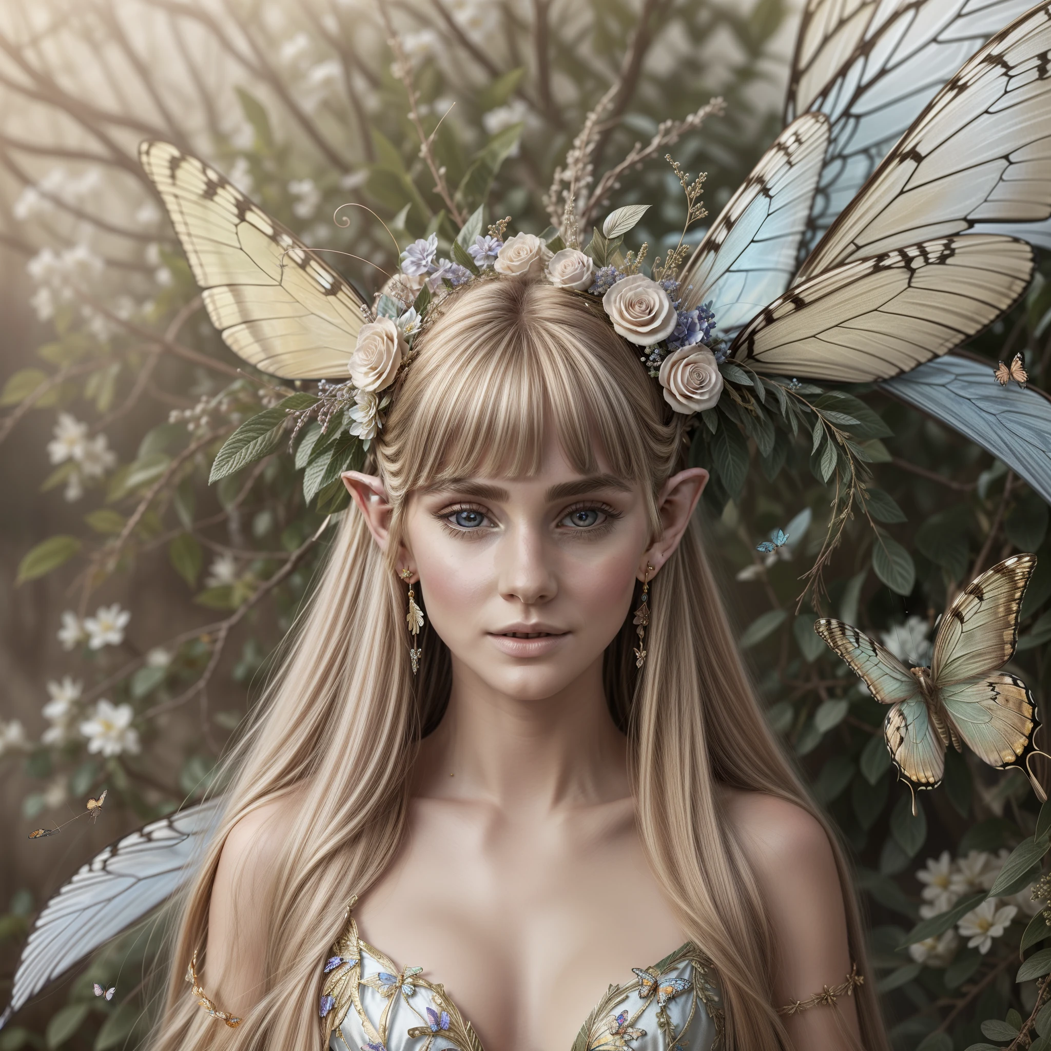 A beautiful young elf with long flowing blonde hair with bangs, silky skin, beautiful eyes, full breasts, beautiful lips, wearing earrings, ornaments in her hair, with two butterfly wings behind her head, wearing a beautiful low-cut light silk dress, with bouquets of flowers on both sides, and in the background, butterflies flying around and under your head, beautiful hyperrealistic butterfly elf, photorealistic adorned elf, beautiful spring elf with intricate details. .