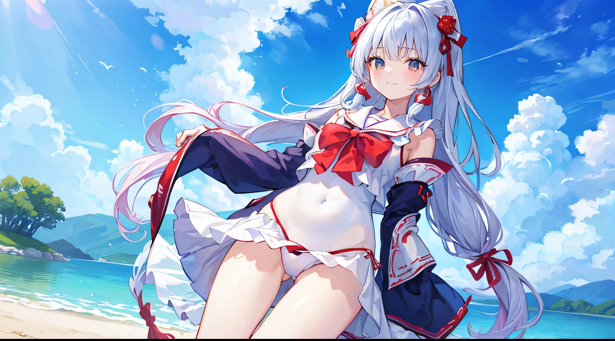 ((4k、8k、top-quality、perfect fingers: 1.3、perfect anatomia: 1.3、Background blur))、((1人))、((、a beauty girl 、a baby face、(Red aneotard show shrine maiden clothes、long-sleeve)、long straight hair、beautiful big slanted eyes))、Happy smiling face、Full body display、Blue summer sky、meadow by the lake、