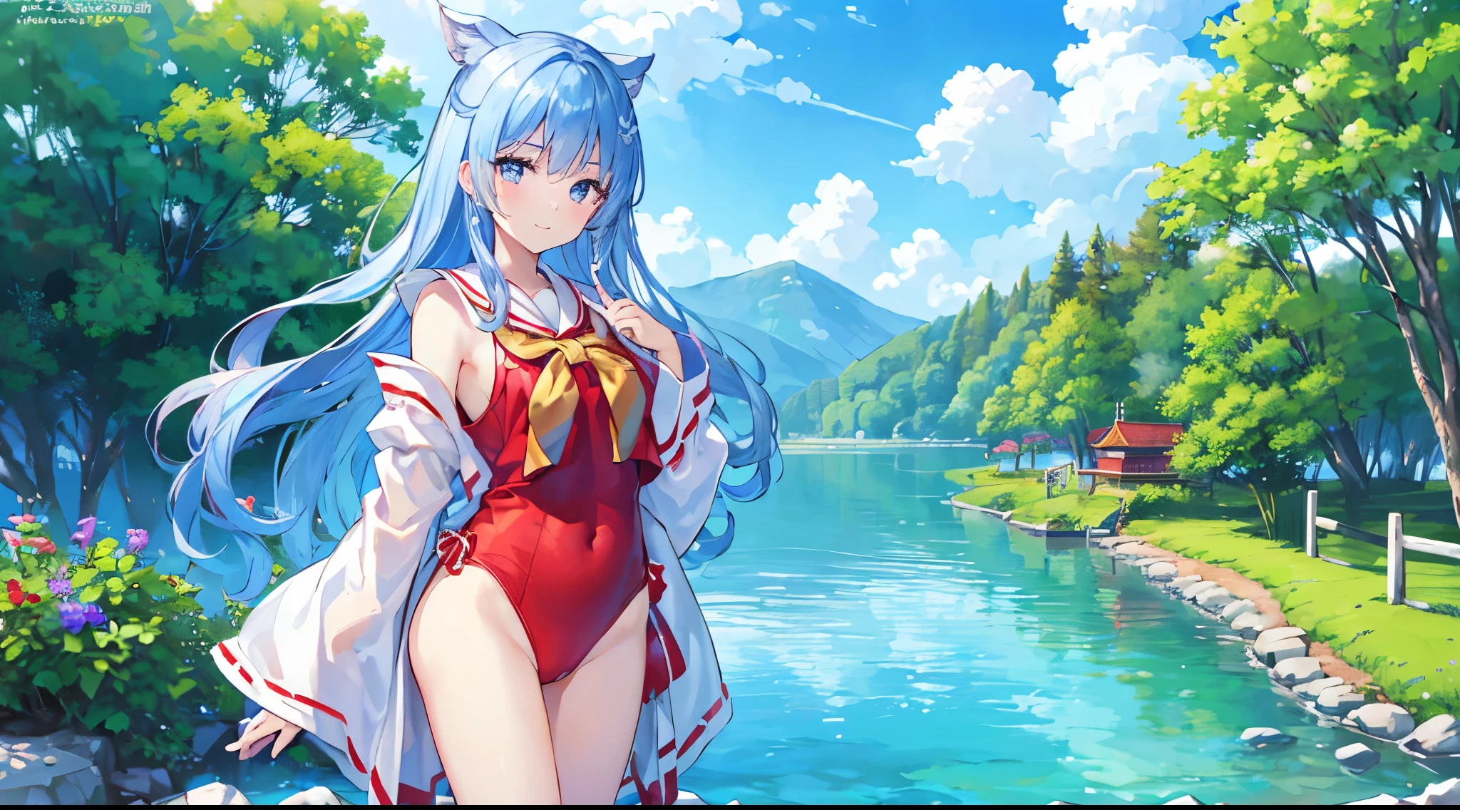 ((4k、8k、top-quality、perfect fingers: 1.3、perfect anatomia: 1.3、Background blur))、((1人))、((sixteen years old、a beauty girl 、a baby face、(Red and white leotard show shrine maiden clothes、long-sleeve)、long straight hair、beautiful big slanted eyes))、Happy smiling face、Full body display、Blue summer sky、meadow by the lake、