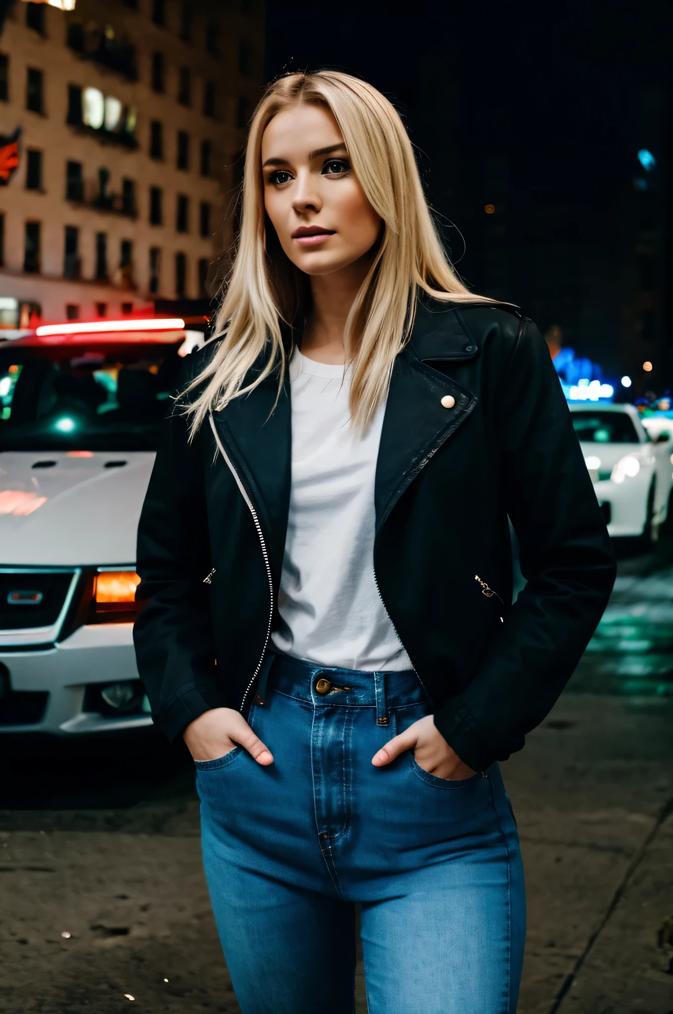 Cinematographer, Una chica rubia, 21-year-old, con una chaqueta negra,gaze at the camera, Camisa blanca, pantalones vaqueros azules, Ciudad de Nueva York, fondo ((que contiene autos, Luces, personas caminando)), Film style, realista, ultra-realista, hyperrealista, 8k, ..3D, UDisco duro, Disco duro