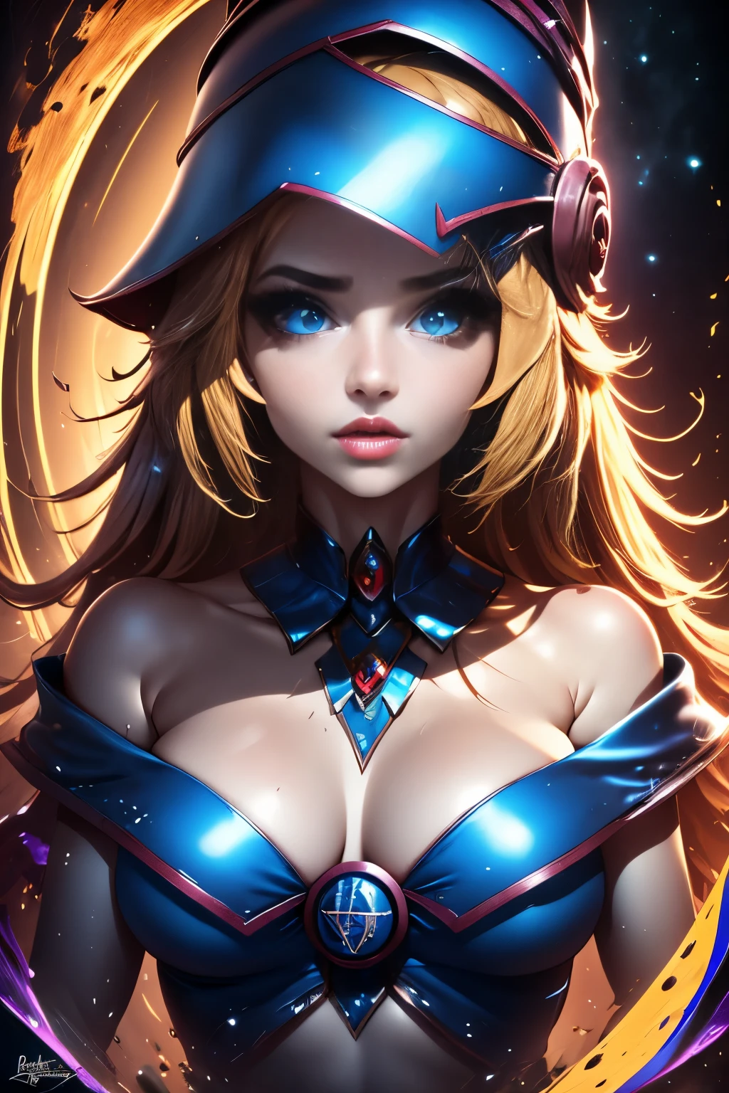 mejor calidad, obra maestra, cabello rubio, ojos azules, mirando hacia arriba, parte superior del cuerpo. Dark magician gils. Rostro de Diosa.