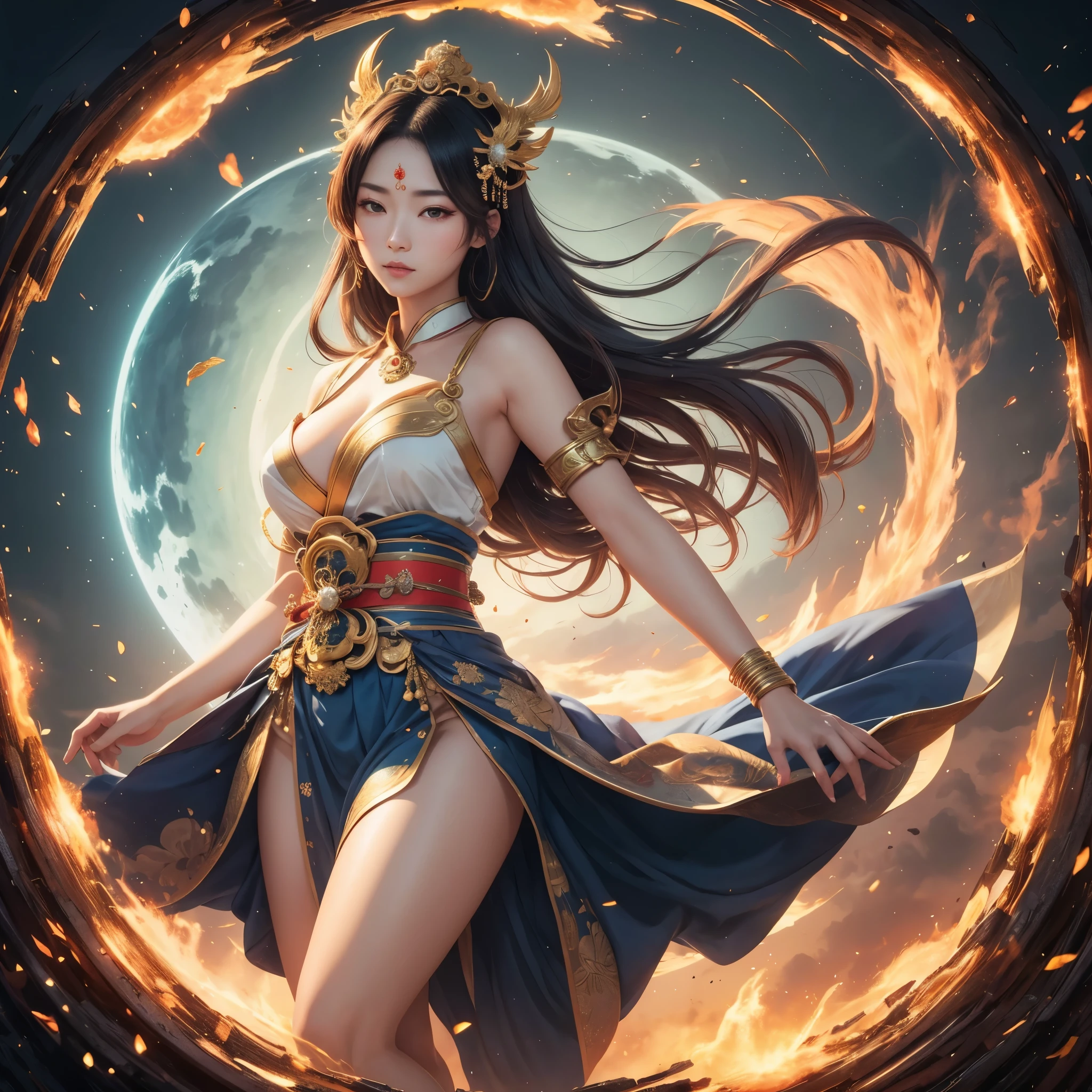 (best quality,4k,8k,highres,masterpiece:1.2),ultra-detailed, 1woman, Japanese Goddess Amaterasu, Shining bright like the sun, Full body, impressive, imposing, facing viewer, seductive eyes, posed majestically, drawn in the style of Yoshitaka Amano, HDR, 8k, absurdres, cinestill 800, sharp focus