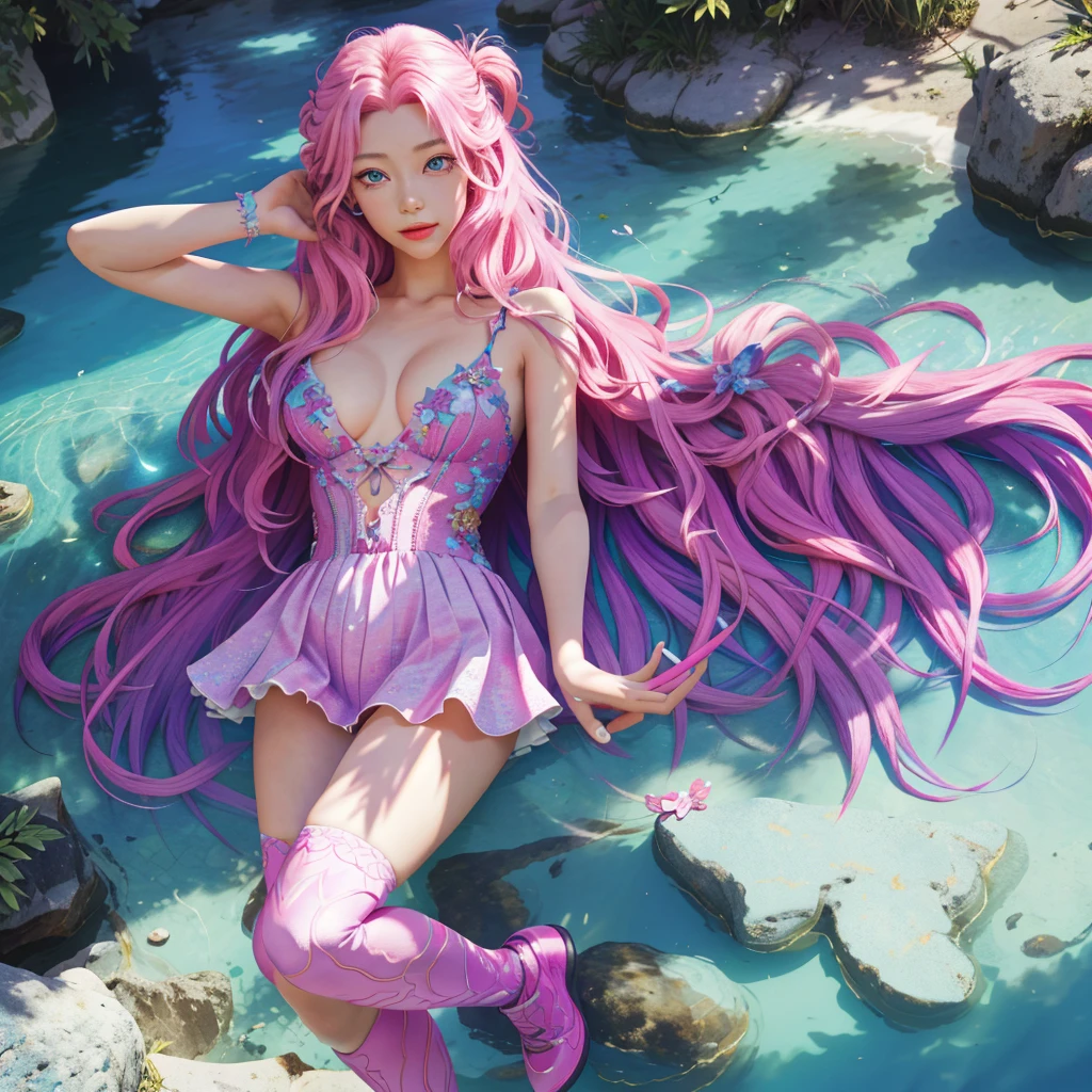 naked, Seraphine's character design, pink long hair, dress, perfect face, best quality eyes, Dynamic movements, bare breast,best illustration, illustration, vibrant colors, masterpiece, (masterpiece, best quality), intricate details, 1girl, pretty ass, stockings, drop shadow, anaglyph, stereogram, tachi-e, pov, atmospheric perspective, 8k, super detail, ccurate, best quality, super detail, textured skin, picnic