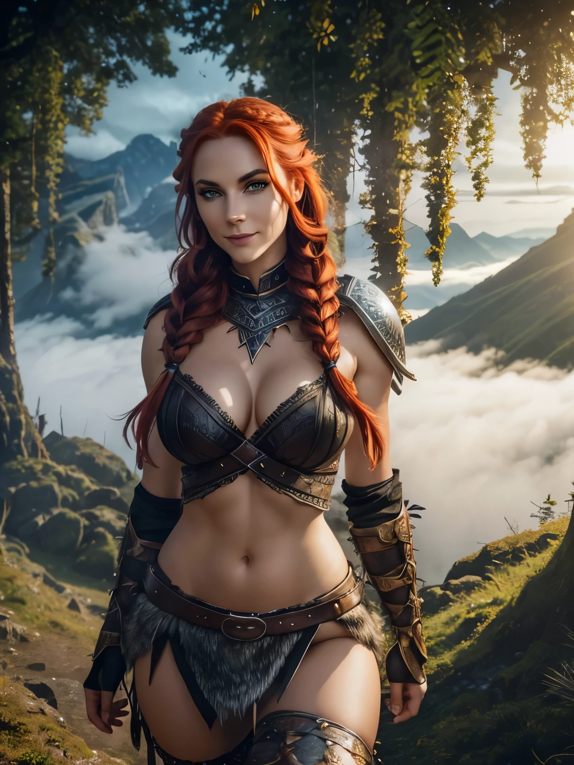 A beautiful and sexy viking raider woman dressed in wolf armor, heavy eyeliner, heavy eyeshadow, beautiful refined face detail, bright light eyes, knowing smile, mischievous glint in her eye, perfect legs, wonderful and innocent energy, adventurous spirit, Lucious braided red hair, atmospheric fog, ambient light, rim light, an overgrown mountain forest,