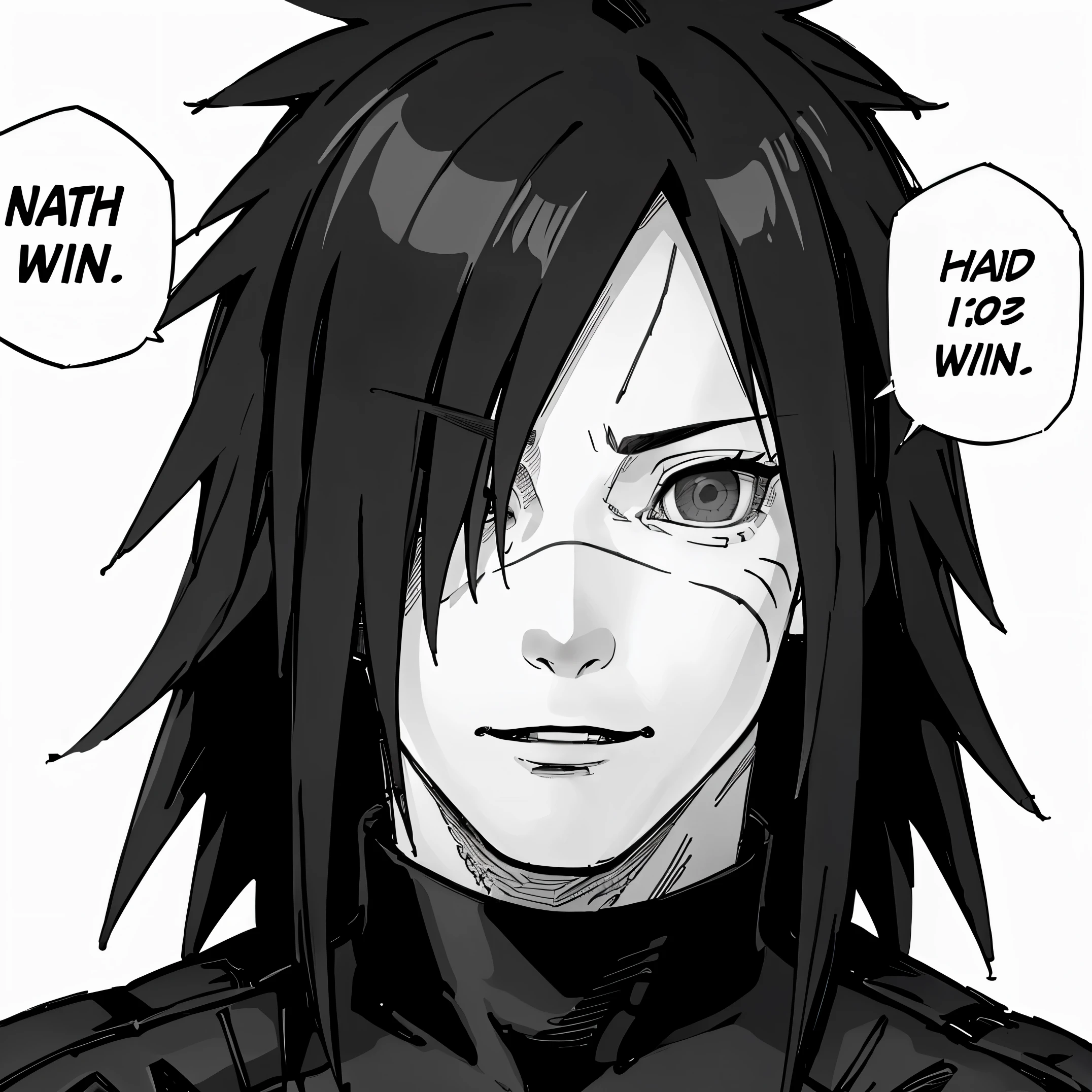 (masterpiece, best quality:1.2), monochrome, greyscale, nahidwin, speech bubble, english text, close-up, solo, male focus, 1boys, madara uchiha