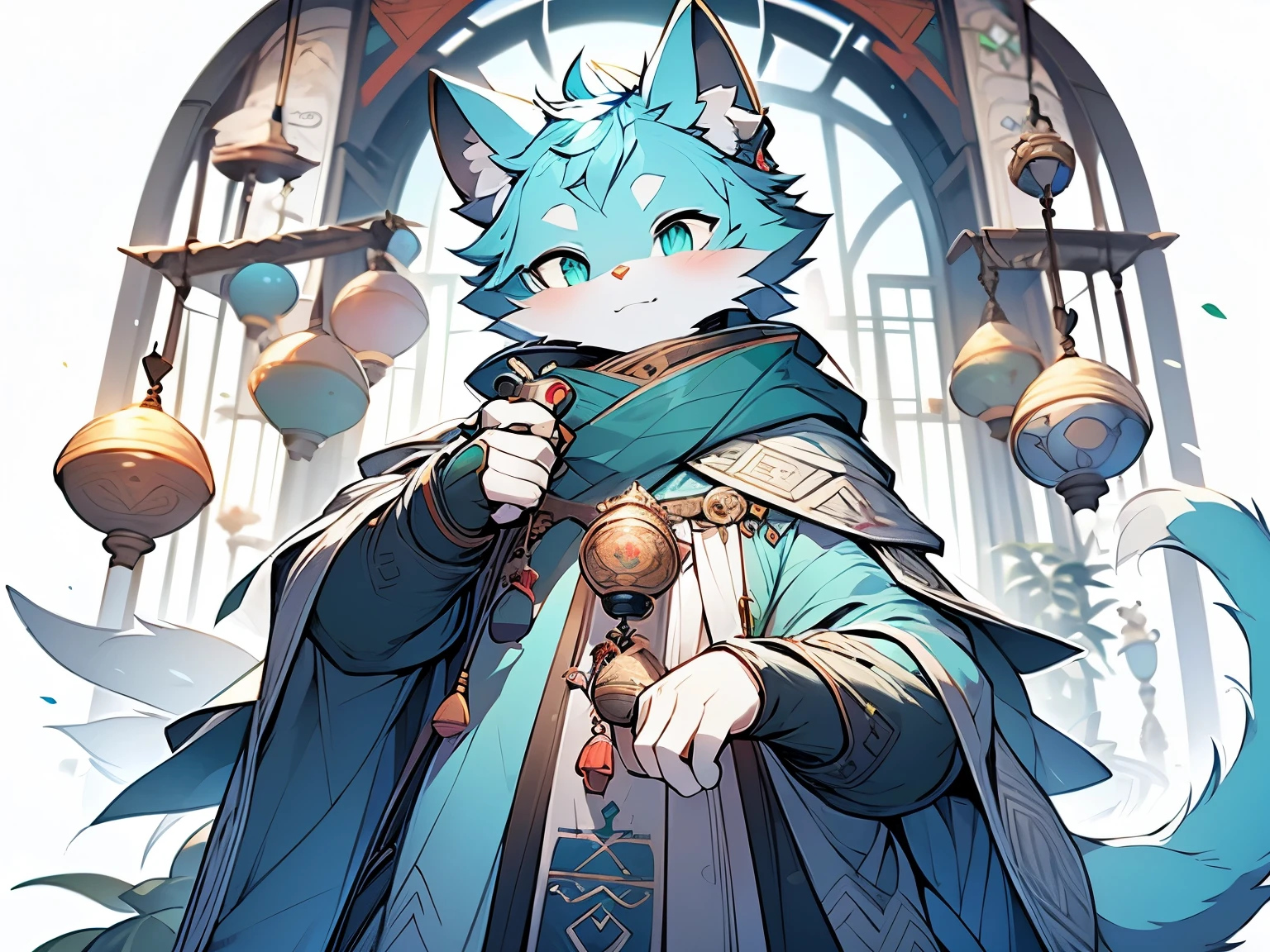 A cat man,Turquoise eyes,Green fur with white texture,Big furry tail。Put on a shabby gray cloak。It's a fortune teller,Enveloped
