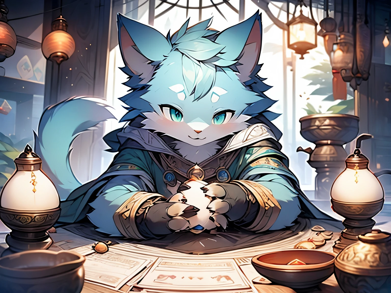 a teenage catman，Turquoise eyes，Green fur with white texture，Big furry tail。Put on a shabby gray cloak。It&#39;s a fortune teller，Enveloped