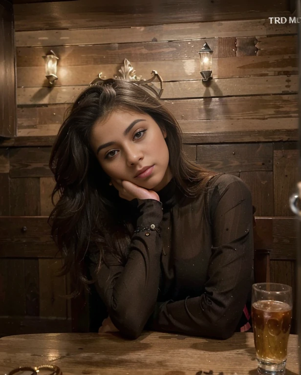 (Best quality, Ultra-detailed, Masterpiece:1.5), beautiful pakistani woman taking a picture of herself in a mirror, The woman should have a flawless, highly detailed face, soft luminous . Her long hair should be naturally brown and stylishly arranged. (Perfect Eyes:1.2), double eyelids, photo-realistic:1.5), 8K UHD,  sitting at a table with a glass of water, profile image, taken in the early 2020s, looks like laura barriales, profile pic, ✨🕌🌙, sitting on a mocha-colored table, photo portrait, profile picture, headshot profile picture, beautiful aesthetic, beautiful girl, solo portrait 🎨🖌️, fanart