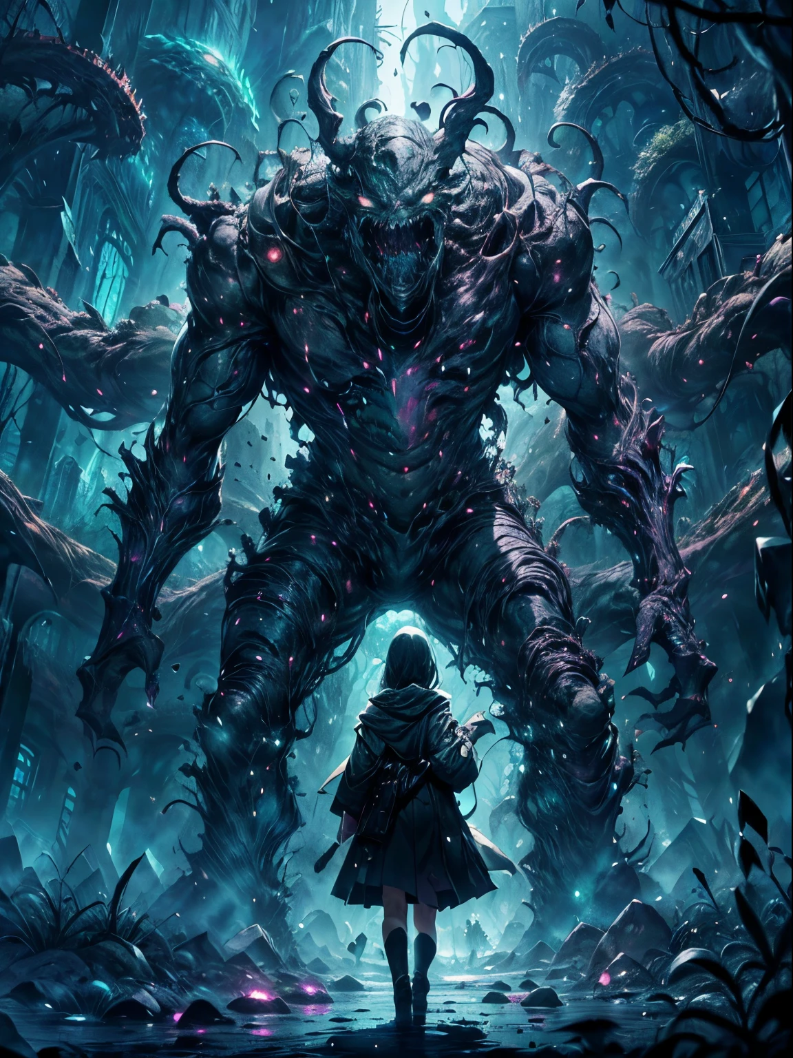 best image quality, masterpiece, super high resolution, BREAK In the depths of an otherworldly abyss, an Eldritch Abomination entity from the Cthulhu Mythos slithers into view. Its body is a writhing mass of gnarled tentacles and jagged, chitinous armor, each piece covered in an unidentifiable substance that seems to writhe and bubble on its surface. BREAK The creature's elongated head is pointed like a spear, with rows of sharp teeth lining its gaping maw. Its eyes are multiple and unblinking, each one a different color and glowing with an unearthly aura. BREAK As the entity moves, its body seems to twist and warp, defying any coherent form or structure. Its movements are jerky and unpredictable, as if controlled by some malevolent force beyond comprehension. BREAK The creature seems to emit a sickly green glow that illuminates its surroundings, casting an eerie light on the twisted and gnarled landscape around it. BREAK As you gaze upon this Eldritch Abomination, you feel a sense of dread and unease creeping up your spine. Its presence seems to twist reality itself, warping the very fabric of the universe. You can't help but wonder what kind of horrifying intentions this entity might have, and what kind of unfathomable power it might wield. BREAK The creature is multicolored, and seems to absorb color and creativity from all around it.