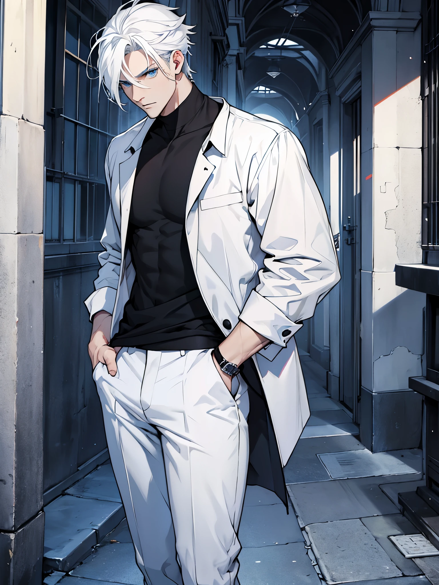Make a very handsome man, tall, thin, pale, white hair, blue eyes. Wearing black casual clothes. Standing.