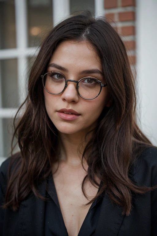 ((best quality)), ((masterpiece)), (detailed), perfect face realistic photo of beautiful woman with long dark brown hair, Russian, influencer, light freckles, dark brown eyes, big lips, no makeup, instagram, a woman in a fur coat, tumblr, wearing shades, sleek!!!, wearing a fisher 🧥, aesthetic!!!!, minimal style, poppy, 9 5, super cute, celebration, wrapped in black, f/16, cl