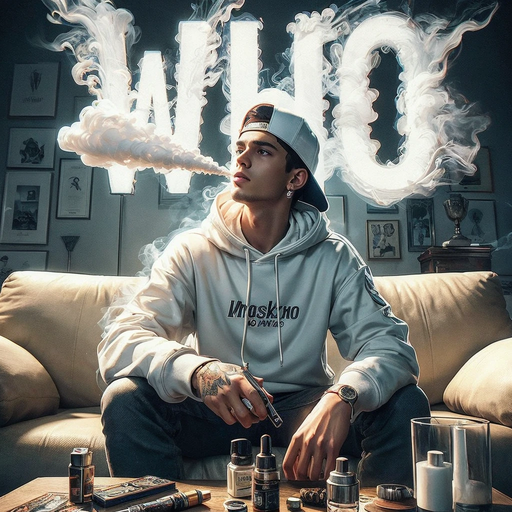 Masterpiece Best ART illustration 8K poster design, Young man wearing a white snapback jacket sitting on a sofa showing off his vape skills with smoke forming the letters "WHO", dominant white, 3D best rendering.