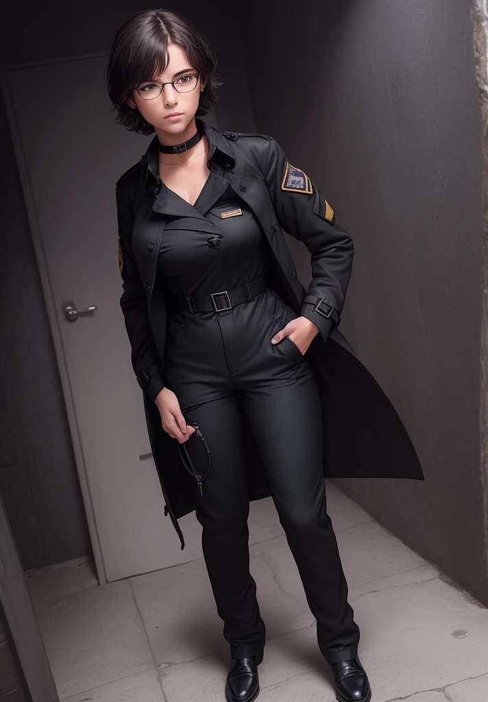 Brunette, ((short hair)), ((black hair)), ((solo female)), ((solo)), ((small breasts)), outside, night, ((character portrait)), glasses, ((1woman)), ((bedroom)), ((front view)), sweating, brunette, ((short shaggy hair)), ((black hair), ((solo female)), ((solo)), ((fully clothed)), ((1woman)), sweating, ((choker collar)), ((18 year old female)), (best quality, masterpiece:1), solo, blue eyes, portrait, fingers, close up photo, ((leash on collar)), ((long trenchcoat)), ((black bdu pants)), ((black bdu shirt))