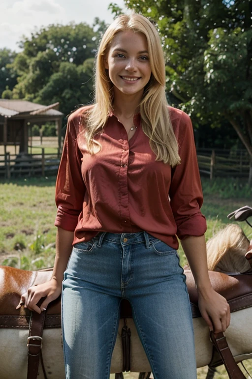 bright blond girl, smiles, jeans, red blouse, on a farm, riding a horse