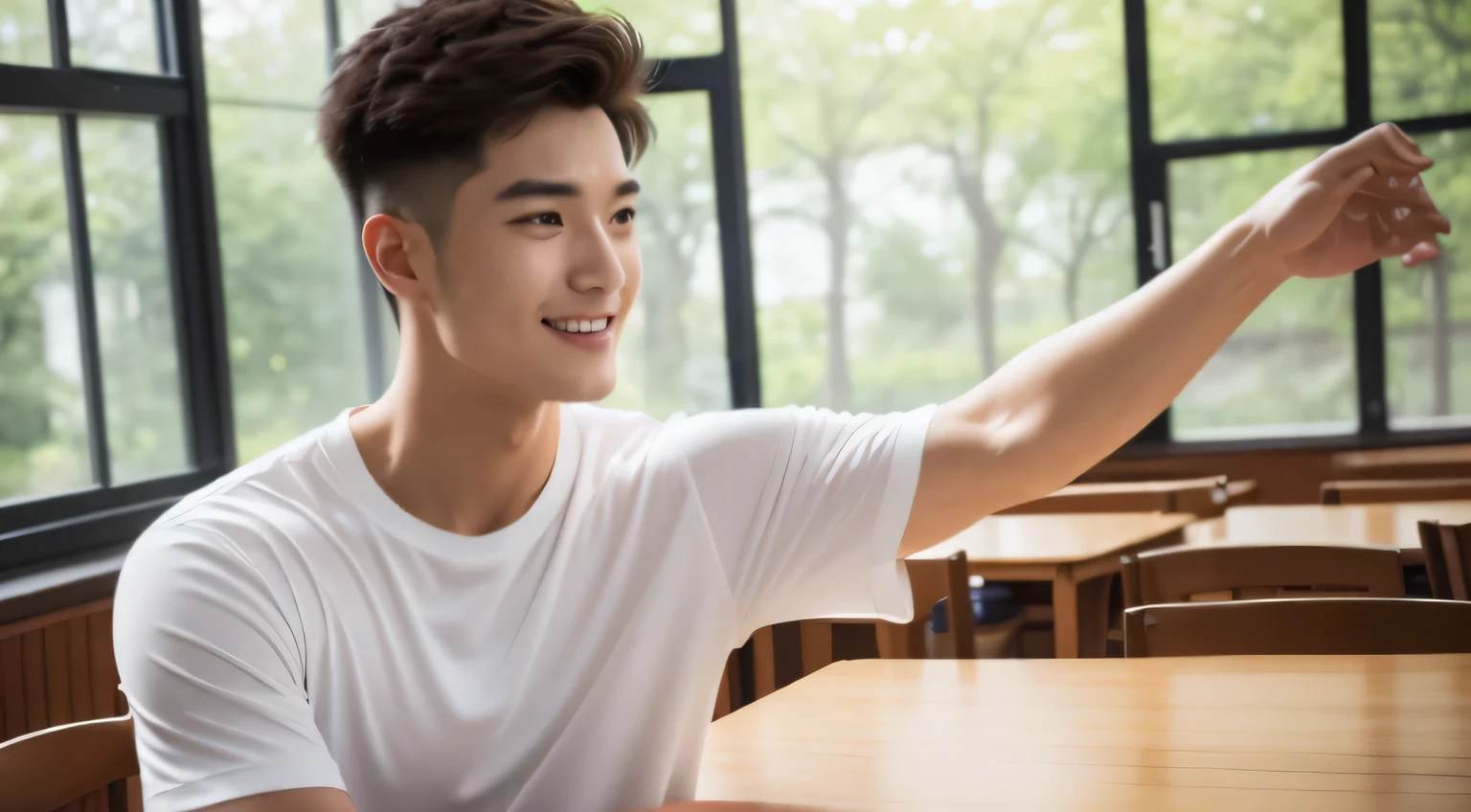 of a handsome man ,20yr old , short detailed hair, Korea , Thai students,((( wear white shirt.......))), Front view, ssmile ,Big chest and broad shoulders............ athlete, smooth private parts, Alone in the classroom., Table text and annotations, head frame, Medium image, 8K分辨率, high detal, detailed hairstyles, Detailed faces, Octagonal rendering, A vibrant one, hyper realisitc, Perfect limbs, perfect anatomia ,Fill the whole body