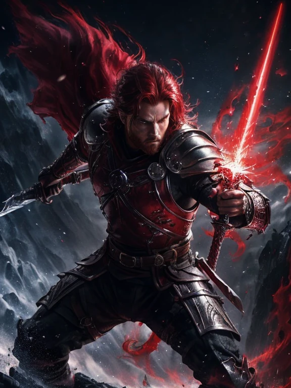 (crimson-haired man),(dual-wielding:1.1),(sword in each hand),(one black sword),(one ethereal sword),(intense gaze),(strong and confident),(epic battle scene),(dramatic lighting),(dust and debris floating),(powerful strikes),(dynamic poses),(martial prowess),(fierce expression),(action-packed),(high-stakes confrontation),(epic fantasy setting),(splashes of red),(magical aura),(intense energy),(detailed armor),(intricate details on swords),(unyielding determination),(smoke and sparks),(cinematic composition),(impressive physique),(crimson cloak flowing),(ominous atmosphere),(extraordinary agility),(mysterious background),(mythical creatures),(majestic scenery),(crimson-themed color palette),(flashing blades),(adrenaline rush)