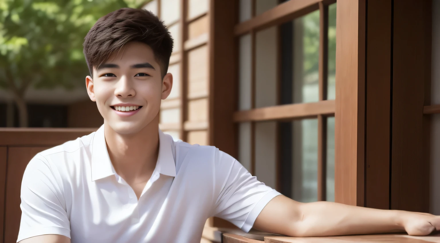 of a handsome man ,20yr old , short detailed hair, Korea , Thai students，((( wear white shirt.......))), Front view, ssmile ,Big chest and broad shoulders............ athlete, smooth private parts, Alone in the classroom., Table text and annotations, head frame, Medium image, 8K分辨率, high detal, detailed hairstyles, Detailed faces, Octagonal rendering, A vibrant one, hyper realisitc, Perfect limbs, perfect anatomia ,Fill the whole body