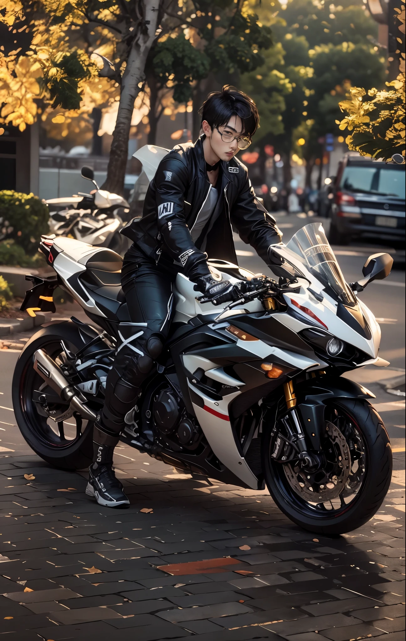 there is a hansome korea boy, perfect face, detail face, that is sitting on a motorcycle on the street, r6, motorbiker, biker, sitting on motorbike, motorcycle, matt white color armor, black white, unreal enging, glossy white armor, white red, triumph, fullbody shot, cinematic full shot, translucent sss, wearing japanese techwear, riding