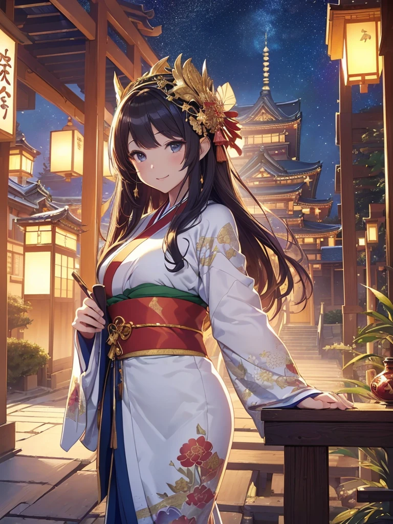 top-quality、Top image quality、Dagashi Teru Piece、Super beautiful Japanese beauty((24 year old、Japan kimono、japanese miko costume、Best Bust、big bast、Bust 90,beautiful blue long ironed hair、Brown hair、、A slender、a closeup、Esbian、Beautiful Japan hair、kanzashi、hiquality、Beautiful Art、Background with((starrysky)))But but、Superb Piece、visualart、depth of fields、low angle night sky、、Elven ears、、light magic、Space Knight、harp melody🎵、Happy smile、Gentle light、、Beautiful legs that are gentle on the skin、、、Number of fingers to achieve precise finger movements、ティッカーBeautiful decoration、elegent、Mystical　　field under the flower garden、Marble pillars, beautiful dressy、Snowy landscape in winter、、Temple of Time、、Beautiful decoration,Japan Kimono 1.3,byzantine art、Renaissance painting、Raphael's paintings、japanese art on behance、Dragon pattern、dragon decoration、Dragon decoration、Linpai、Painting by Sotatsu Tawaraya、screen、gold foil、shenron、New Year、Happy New Year⛩、sunrises、morning moment、shrines