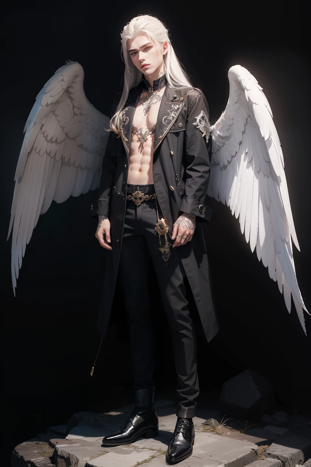 Angel boy, 18 years old handsome, long hair, black rock clothes, on a gothic background, male handsome, full body, roses tattoos, rock stile, white wings, white hair