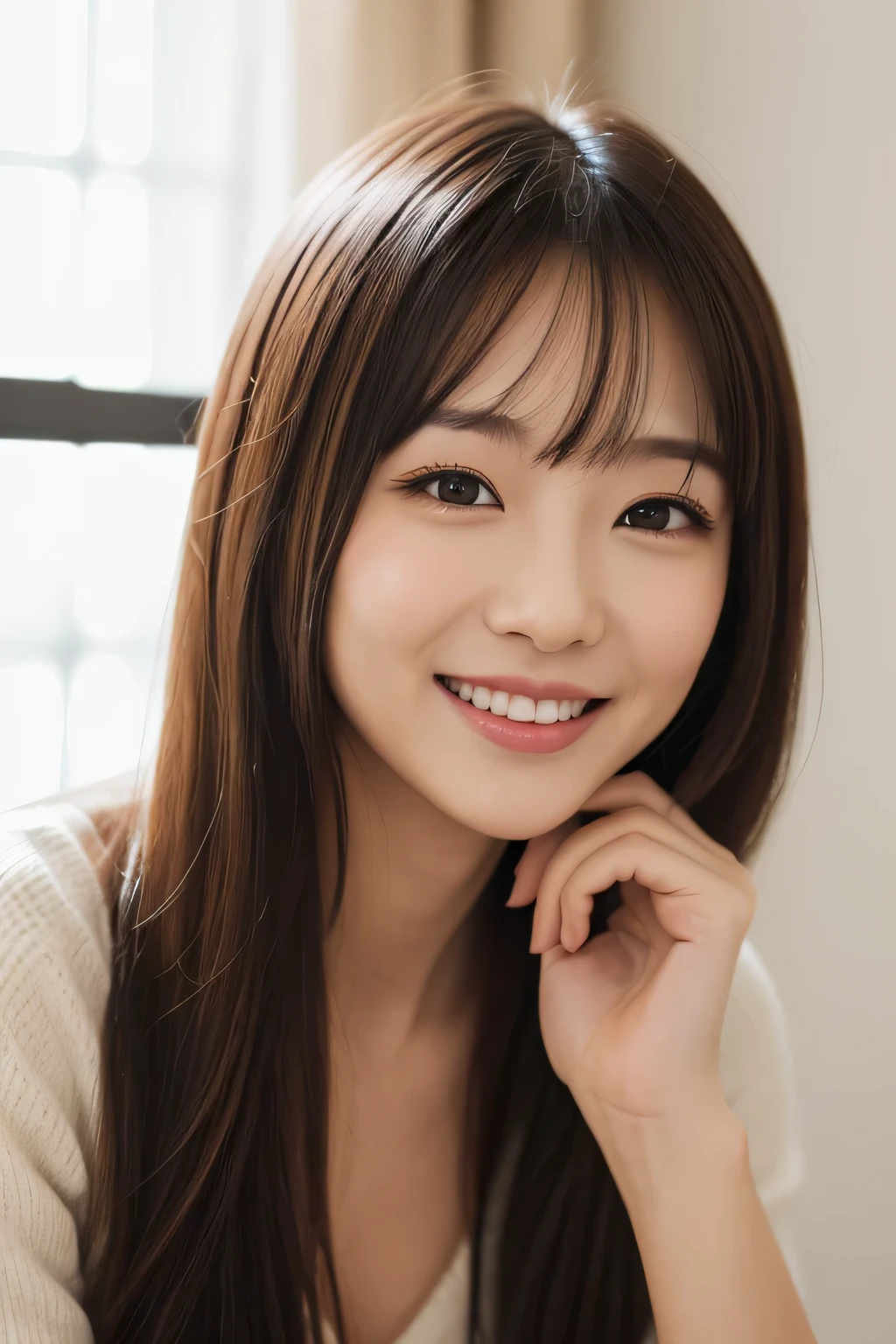 (A hyper-realistic), (Illustration), (High resolution), (8K), (Very detailed), (Best Illustration), (Beautiful and detailed eyes), (Best Quality), (ultra-detailliert), (masutepiece), (Wallpaper), (Detailed face), Facial Pore,Solo,One girl,,NSFW,Navel,Naked、fullbody image、Fine detail, Detailed face, (detail),(Realistic lighting: 1.1),Ala Fed image of woman with long hair smiling in photo, One adorable Korean face, , Korean female actress, , Cute Korean Actress, Gorgeous young Korean woman,