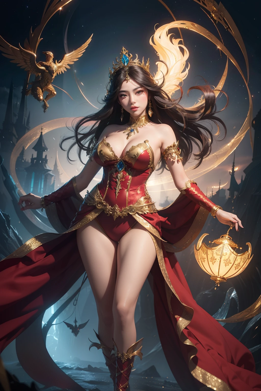 ((Best Quality)), ((masutepiece)), (Detailed), Full body posing、itting open legs、 person wearing costume, (behance contest winner:1.2), Fantasy Art, Huge ruby crown, 3D Goddess Portrait, los tran style, Captivating lighting, 8K resolution, impressive((Best Quality)), ((masutepiece)), (Detailed), perfect facial expression, (Elaborate costume details:1.3), Vibrant colors, powerful presence, (ethereal glow:1.1)