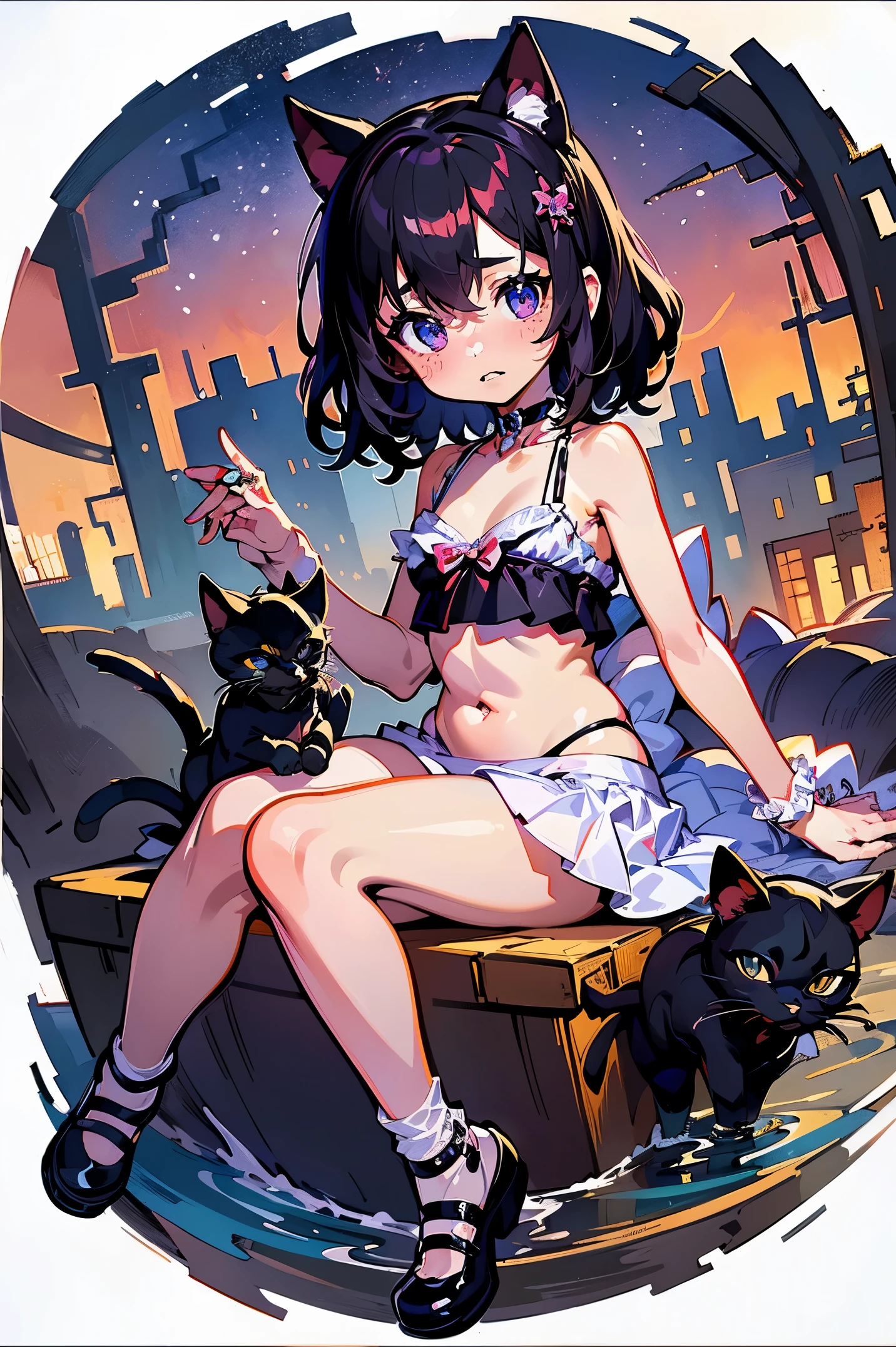 (​masterpiece、top-quality、Official art:1.2)、Look at viewers、(little kindergarten girl))、（Bikini Clothing，colorless hair）（nighttime scene）（With black cats in the background），realisitic、(2D:1.5)