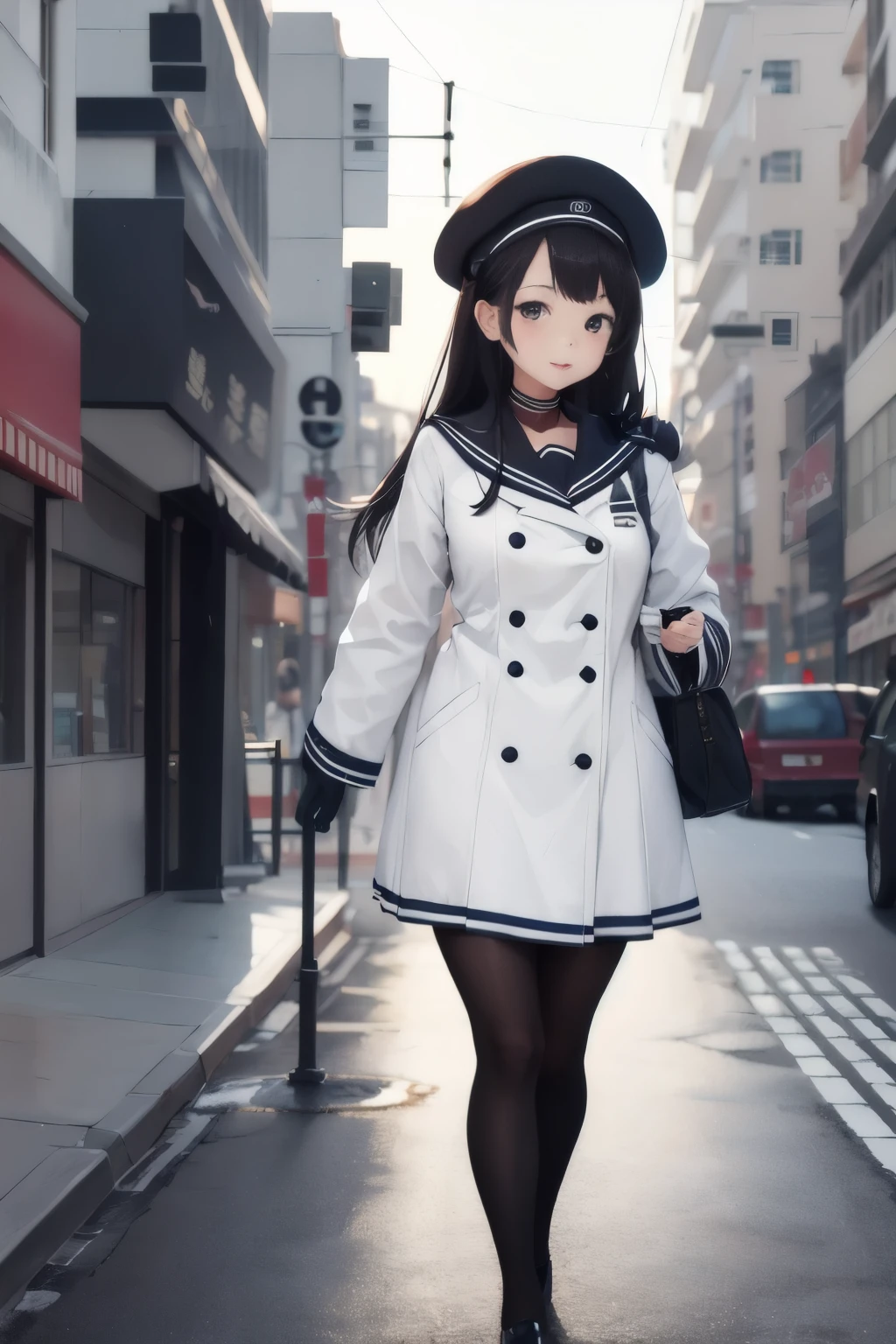 top-quality、hight resolution, hi-school girl、Black sailor suit、thick white coat、Walking around the city、gloves、Winters、