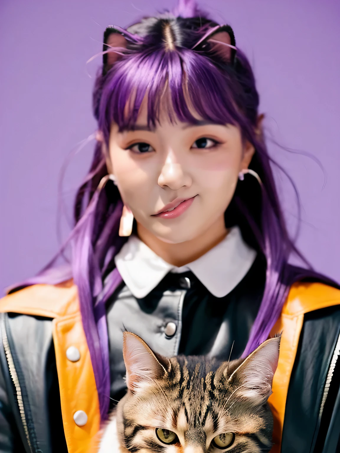 there is a girl with a cat and a cat in the background, cl, with glowing purple eyes, ahegao, catgirl, anime catgirl, seraphine ahri kda, purple cat, with vivid purple eyes, ahegao face, very beautiful cute catgirl, anime style mixed with fujifilm, violet eyes, anime cat, portrait jisoo blackpink