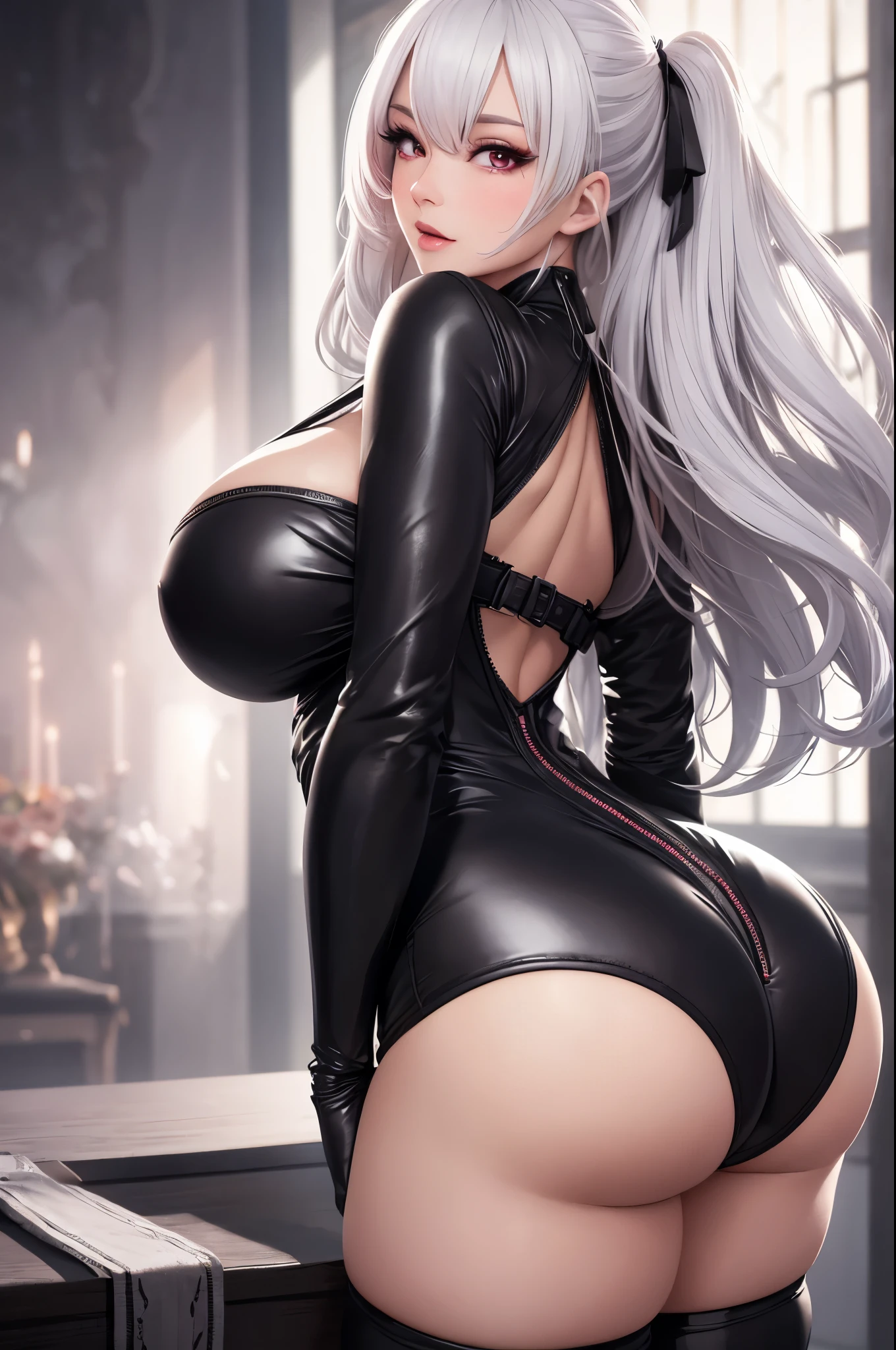 PERFECT MASTERPIECE, AMAZINGLY DETAILED CG UNITY 32K UHD RESOLUTION WALLPAPER, PHOTOREALISTIC, RAW PHOTO, PERFECT PHOTOGENIC CLARITY, OFFICIAL ART, AWARD WINNING PORTRAIT, ULTRA HYPER DETAILED, ULTRA HYPER REALISTIC, INCREDIBLY AMAZING DETAILS, SHINY REALISTIC SKIN, PROFESSIONAL CINEMATIC LIGHTNING, ADVANCED RAY TRACING, The most beautiful and sexy gothic horror girl, very long platinum white hair, vibrant red eyes, long detailed eyelashes, blushing, full pouting pink lips, super huge enormously gigantic tits, cleavage showing, gigantic tits bursting out of her outfit, curvy body type, full hips, wearing highly detailed full body one piece leather suit with lots of straps buckles and zippers, (pointing her butt at the viewer arching her back in a sexy slutty seductive pose, her nice big ass facing the viewer, looking back at the viewer:1.3), close up pov camera view from below, sexy slutty seductive facial expression, highly detailed blood splattered dark gothic horror nightmare background