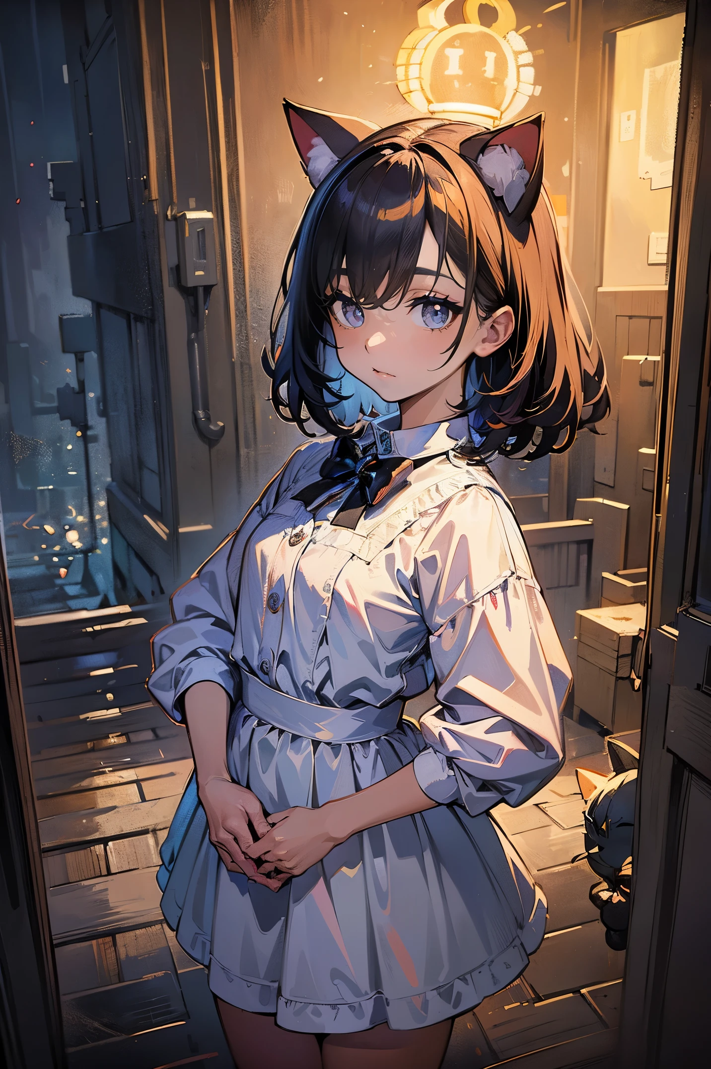 (masterpiece、top-quality、Official art:1.2)、Look at viewers、(little kindergarten girl))、(Cat clothes,colorless hair)(nighttime scene)(With the illuminated cat tower in the background),realisitic、(2D:1.5)