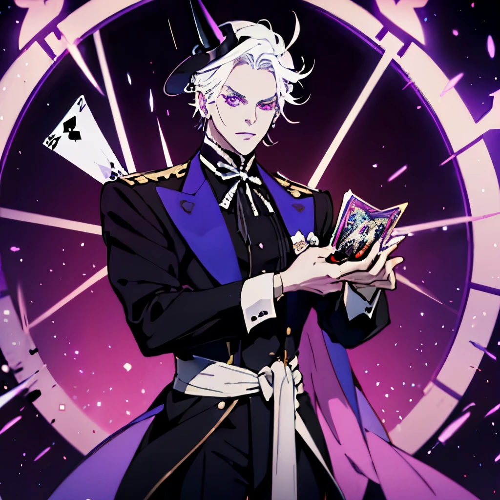 demon non binary character, white skin, white hair, clear face, hair is very long, wears a tophat and a black suit, inside a casino, holding a playing card with the symbol of a spade, the spae symbol is consistant in the design, black gloves, purple eyes, suit has purple accents, background is a casino similar to ones seen in Las Vegas, flamboyant pose