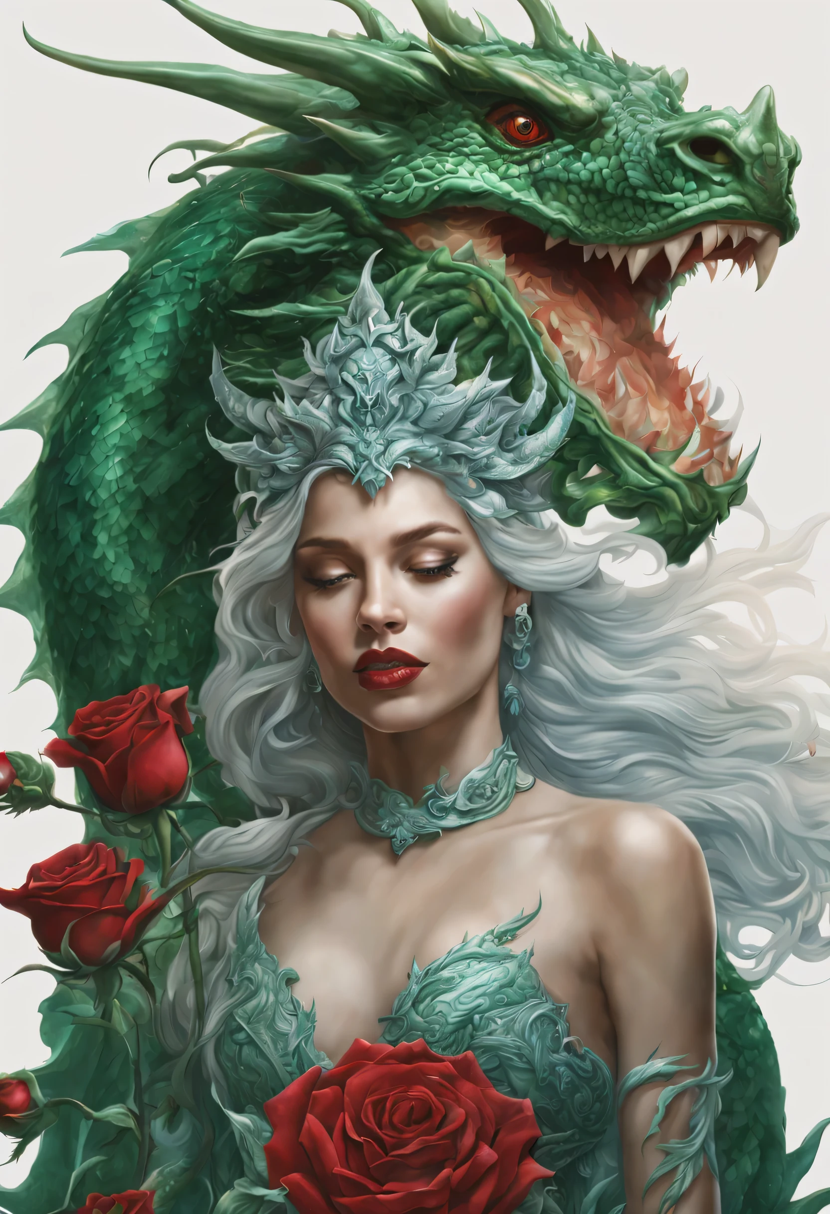 fantasy in intricate details with a beautiful woman as an Ice queen and a emerald green dragon holding a rose in his mouth --ar 32 --no sun --ar 32 --no sun. detailed, hyper-realistic, lighting, 16 k
