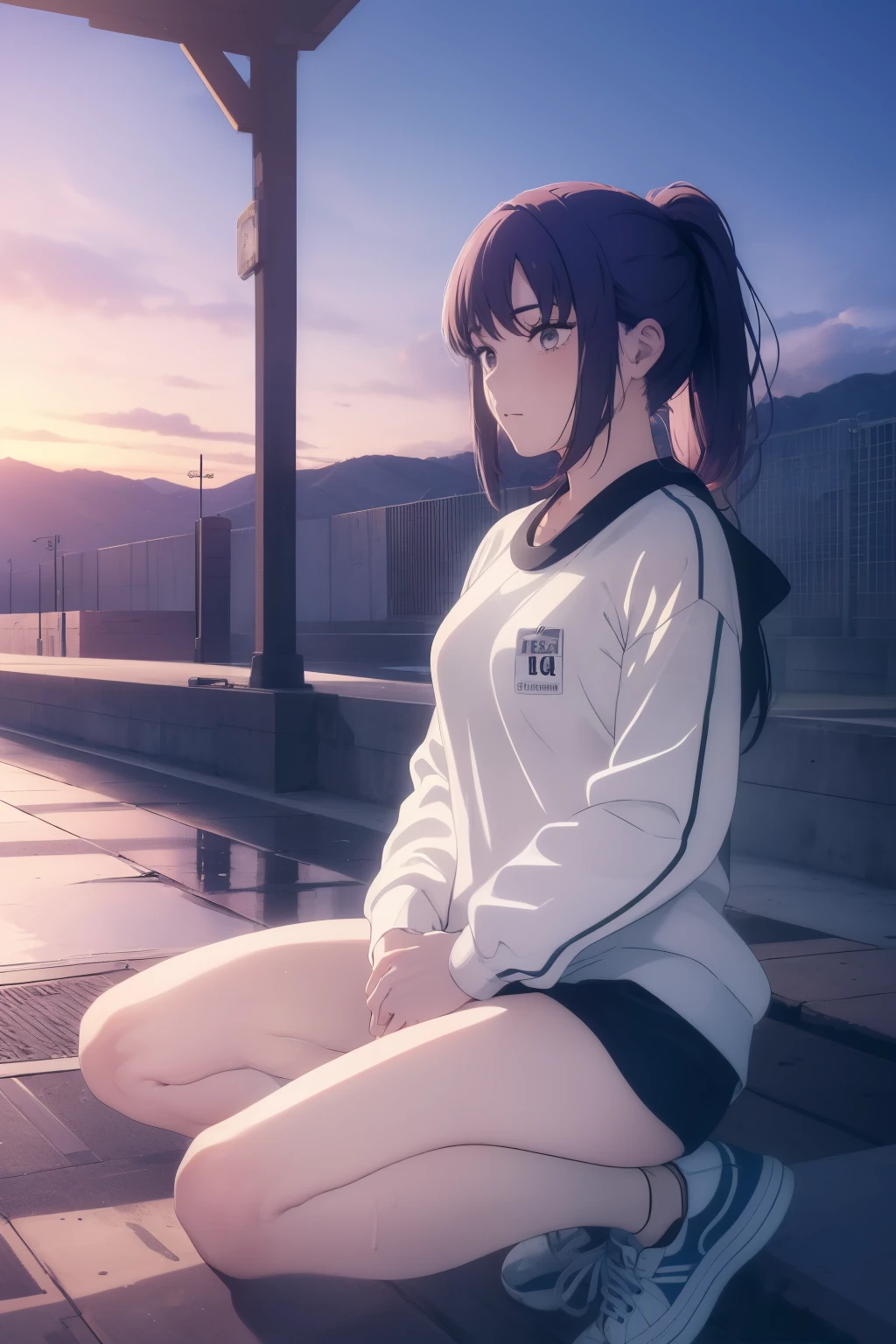 ((((Obra maestra, La mejor calidad, ultrahigh resolution)))), 1girl, ponytail, ((sneakers, shoelaces)), track, (((outside)))