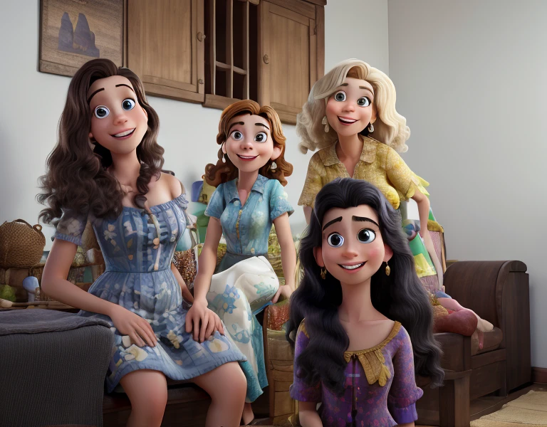 Obra-prima ao estilo Disney/Pixar in high quality and high resolution. Quatro mulheres, uma loira de cabelo cacheada e as outras de cabelo liso