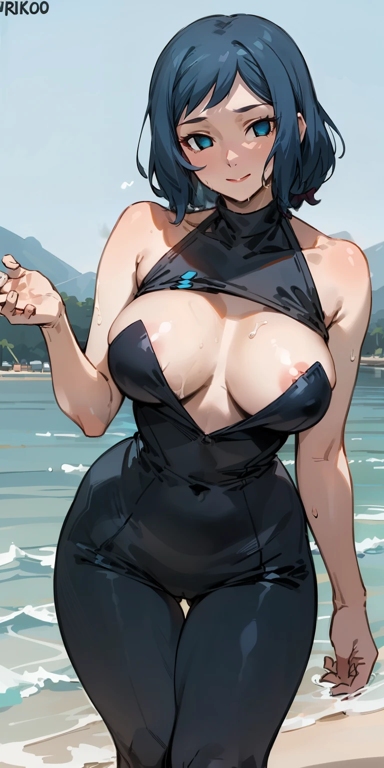 (Masterpiece), Best Quality, ultra-detailed, perfect hands, Delicate eye expression, 1girl (rinko_iori, Sexy, Slender and sexy body, large and pretty breasts, naked body, Gray-haired hair, long hair, blue eyes (empty eye)),solo,closed mouth, nude,dark skin, swimming suit,beaching, standing, provocative pose, evil look,wicked smile, Sexy waist teasing