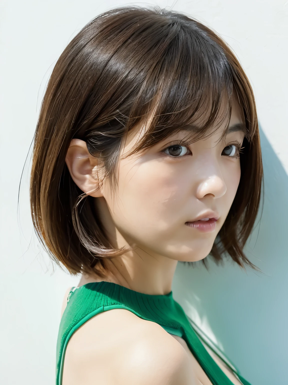 A Japanese Lady、Sunburned skin、short-cut、profile、Shot from the side、Taken in front of a white wall、white wall room with window、wearing a green knit、Realistic human eyes、平均的なA Japanese Lady&#39;s face、dark brown eyes、Dark eyes