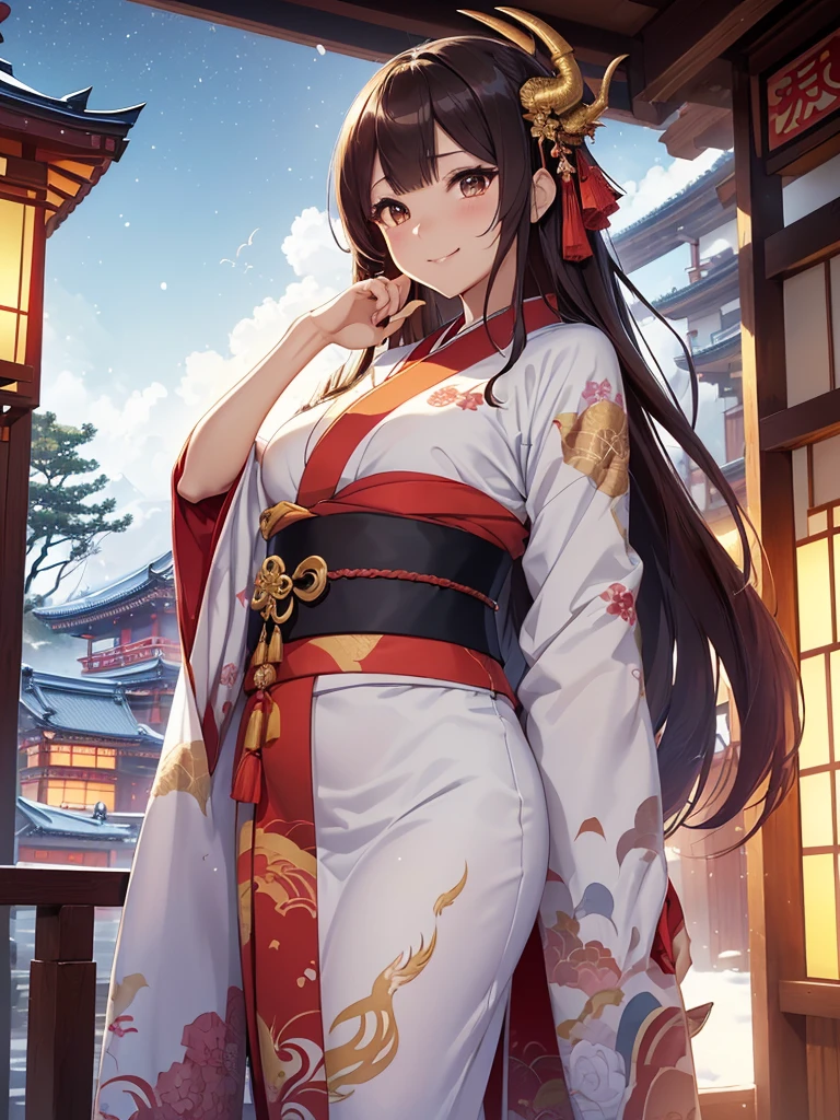 top-quality、Top image quality、Dagashi Teru Piece、Super beautiful Japanese beauty((24 year old、Japan kimono、Best Bust、big bast、Bust 90,beautiful long ironed hair、Brown hair、Dragon horn、A slender、a closeup、Esbian、Beautiful Japan hair、kanzashi、hiquality、Beautiful Art、morning、Superb Piece、visualart、depth of fields、low angle night sky、、devil of light、Happy smile、Gentle light、、Beautiful legs that are gentle on the skin、、、Number of fingers to achieve precise finger movements、ティッカーBeautiful decoration、elegent、Mystical　　Snowy landscape in winter、、japanese temple、、Beautiful decoration,Japan Kimono 1.3,、japanese art on behance、Dragon pattern、dragon decoration、Dragon decoration、、Painting by Sotatsu Tawaraya、screen、gold foil、shenron、New Year、Happy New Year⛩、sunrises、morningの瞬間、shrines、cute dragon、dragon loose character、dragon mascot character